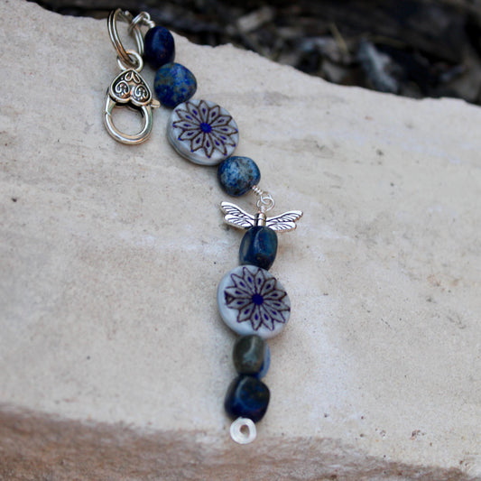 Blue Lapis Gemstone Purse Tassel with Dragonfly and Flower Charms