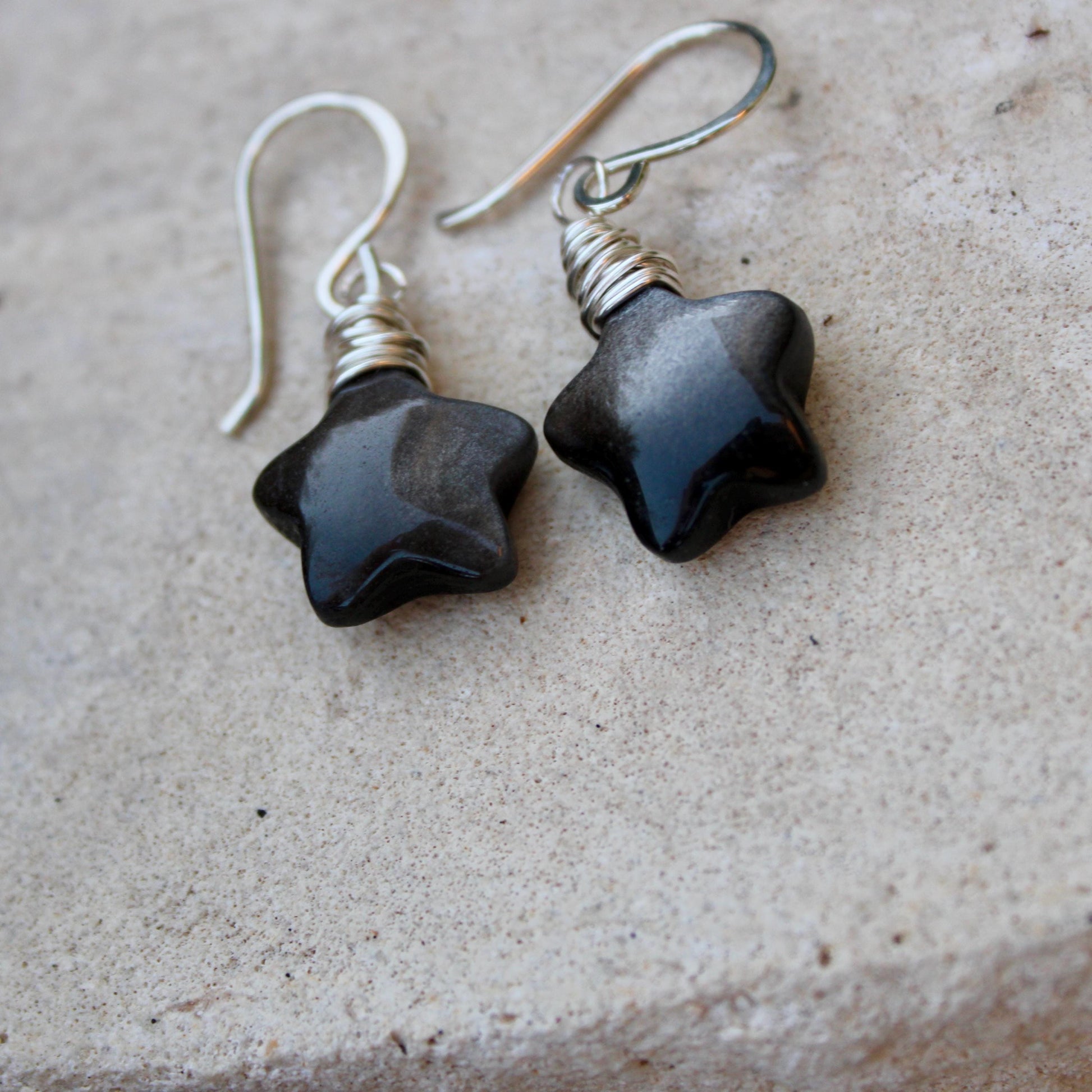 Sterling Silver Star Dangle Earrings with Obsidian, Handcrafted Jewelry