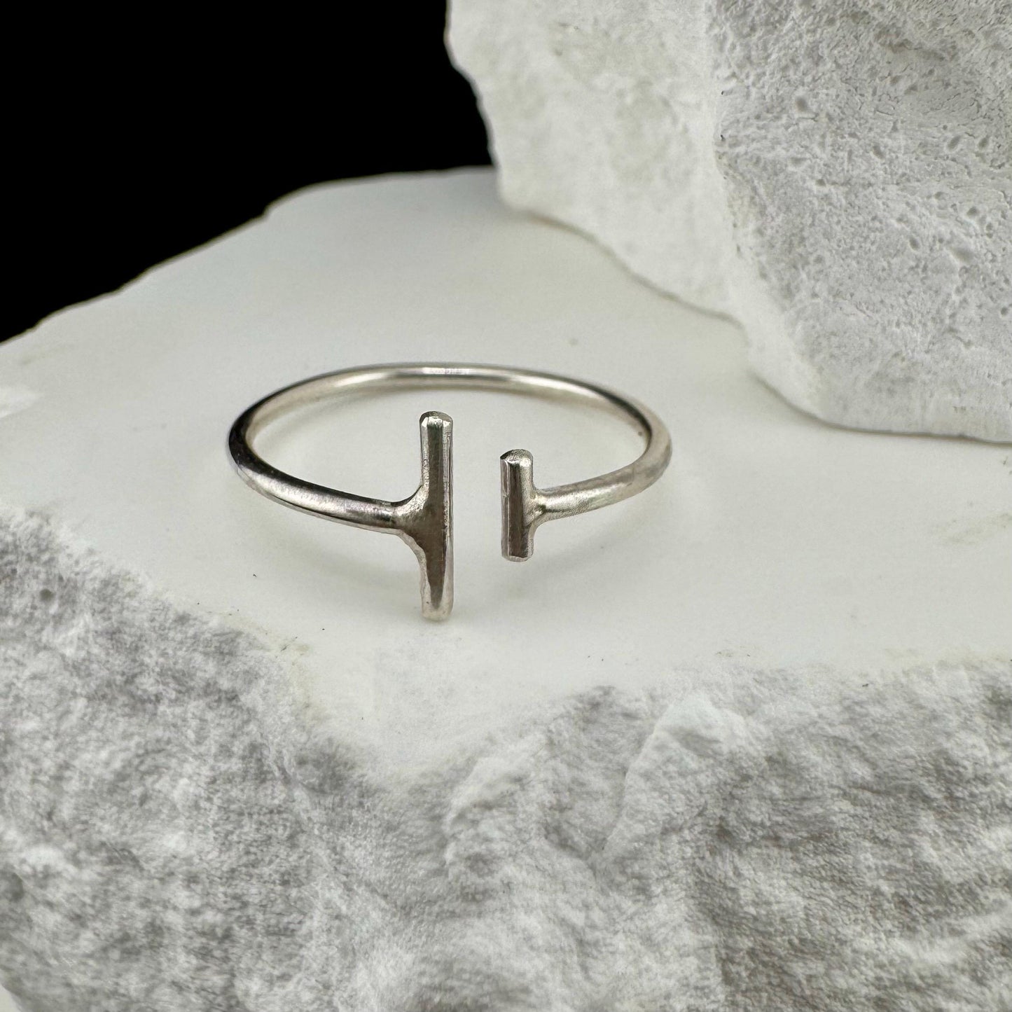 Uneven Vertical Bars Sterling Silver Ring - Handmade Geometric Open Band, Adjustable Ring