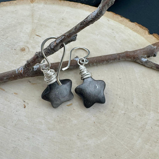 Sterling Silver Star Dangle Earrings with Obsidian, Handcrafted Jewelry