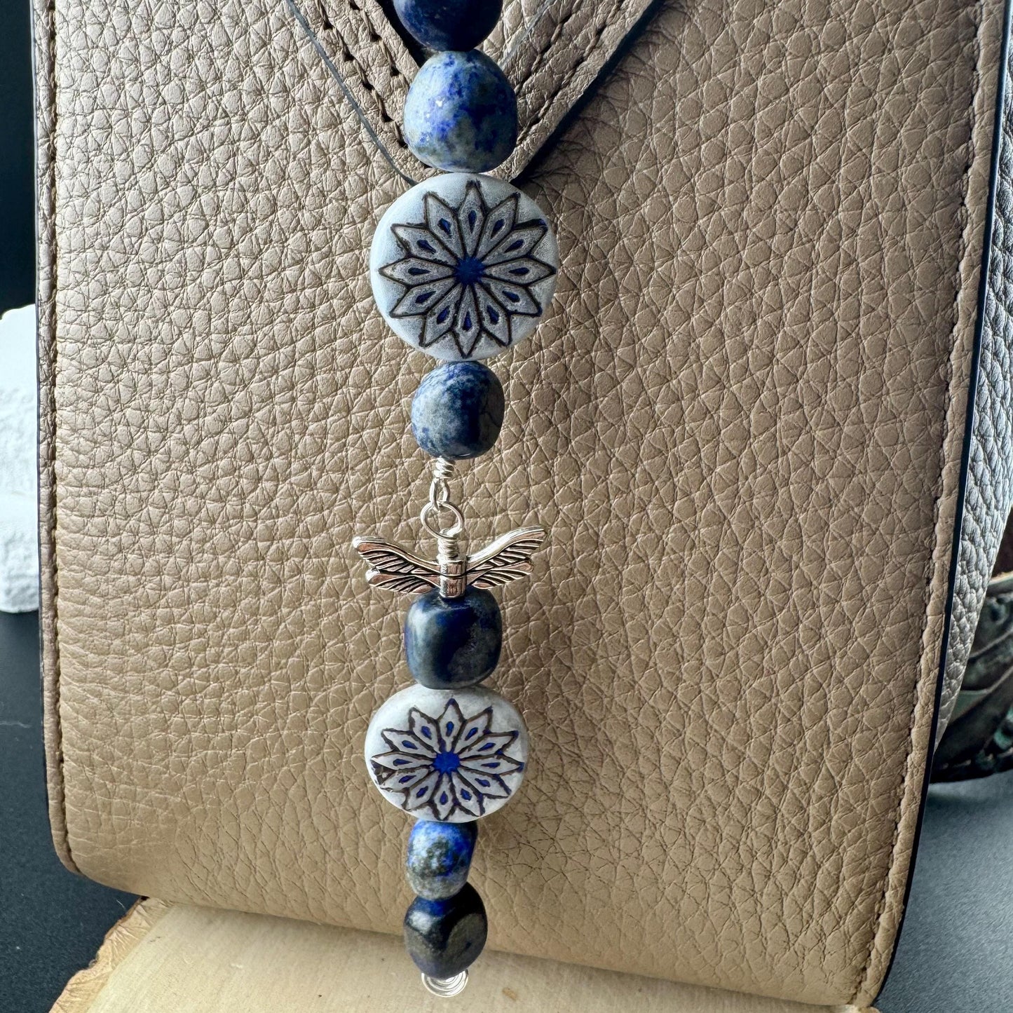 Blue Lapis Gemstone Purse Tassel with Dragonfly and Flower Charms