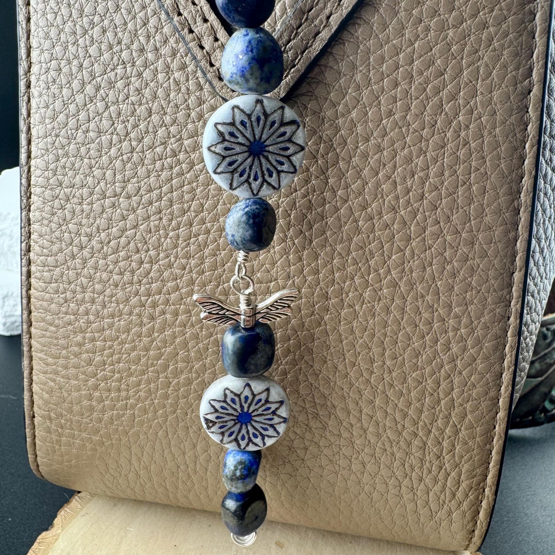 Blue Lapis Gemstone Purse Tassel with Dragonfly and Flower Charms