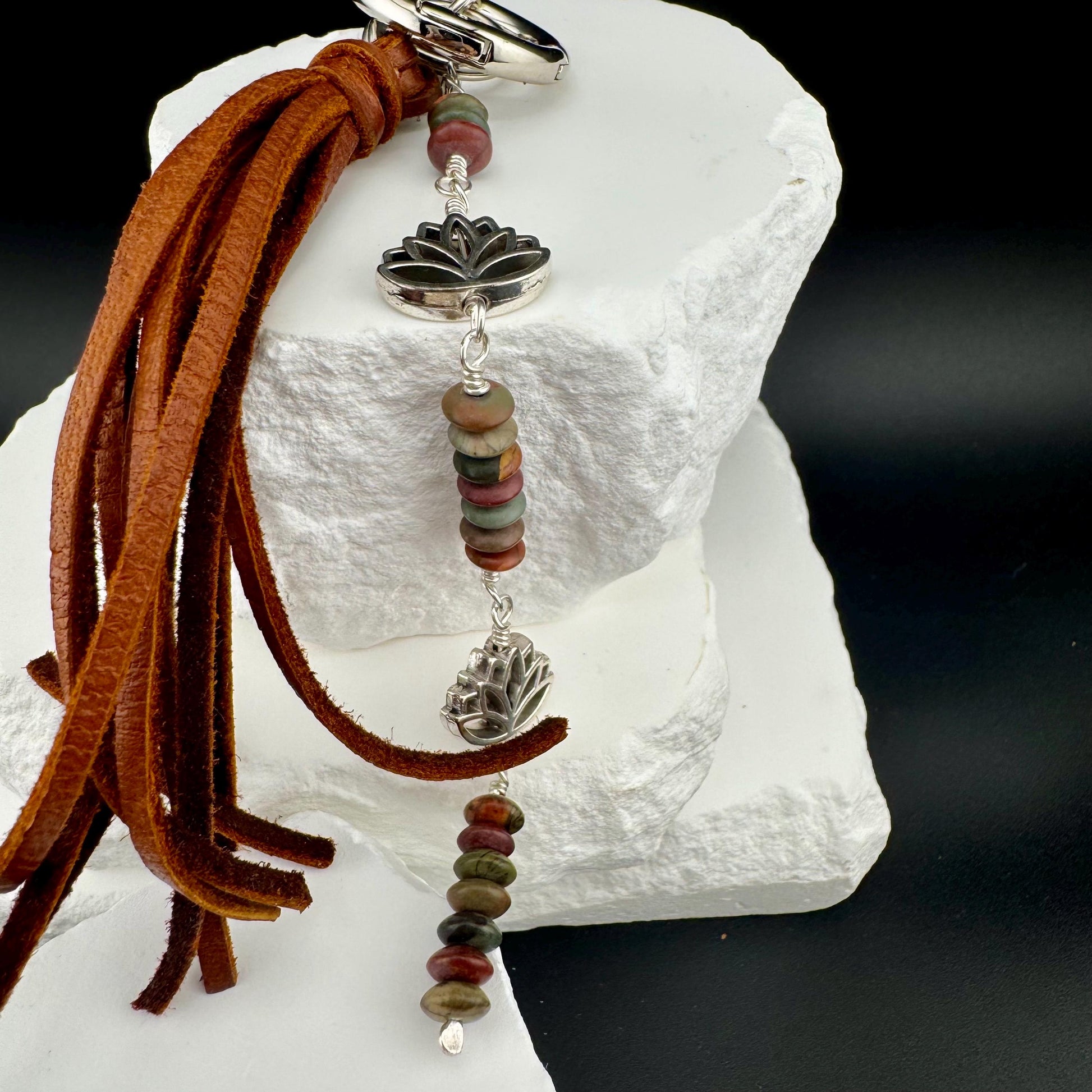 Picasso Red Creek Jasper Leather Purse Charm - Leather Lotus Flower Beaded Handbag Tassel