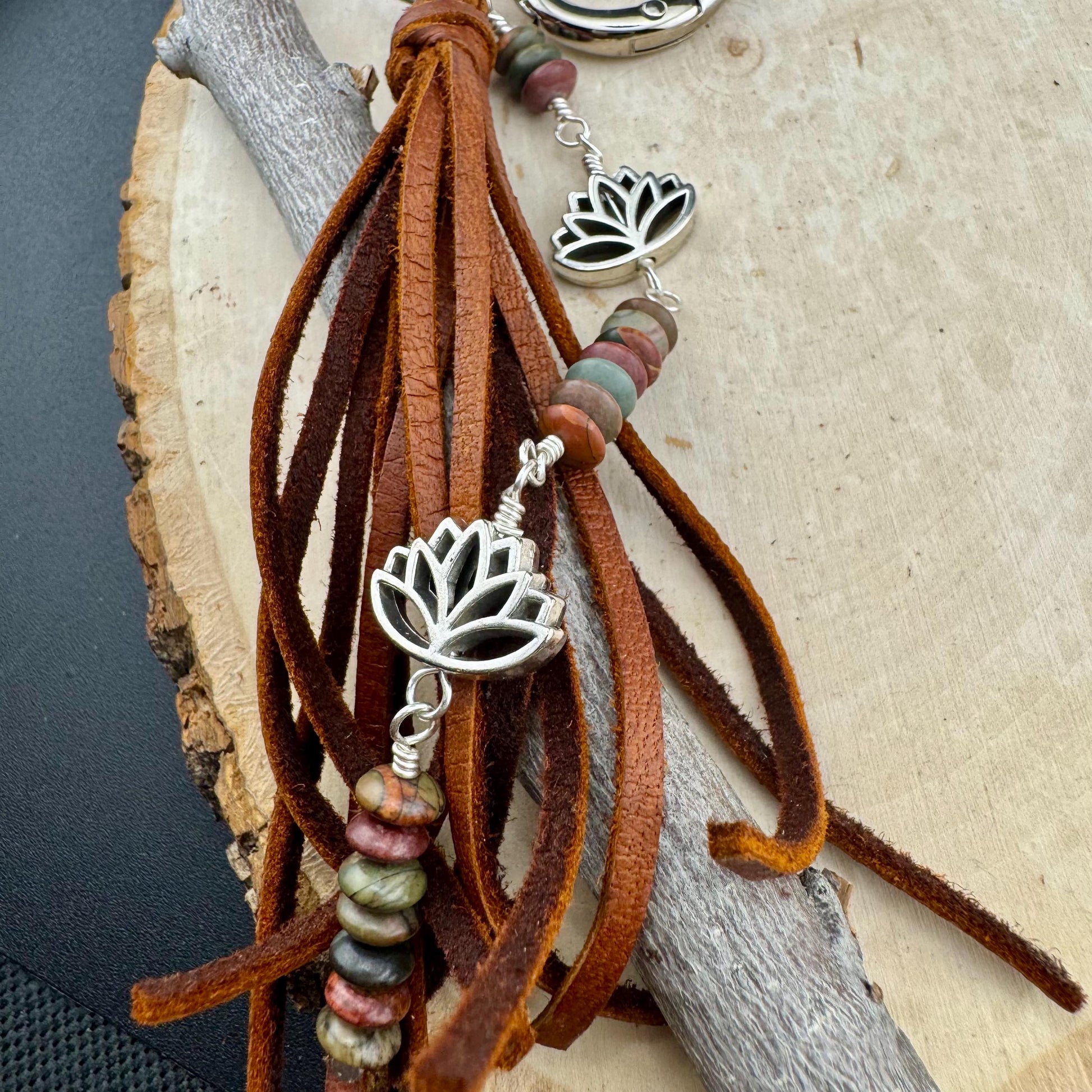 Picasso Red Creek Jasper Leather Purse Charm - Leather Lotus Flower Beaded Handbag Tassel