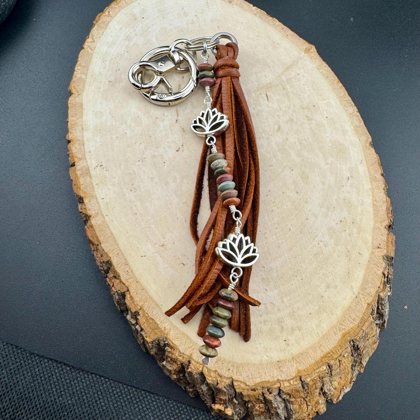 Picasso Red Creek Jasper Leather Purse Charm - Leather Lotus Flower Beaded Handbag Tassel