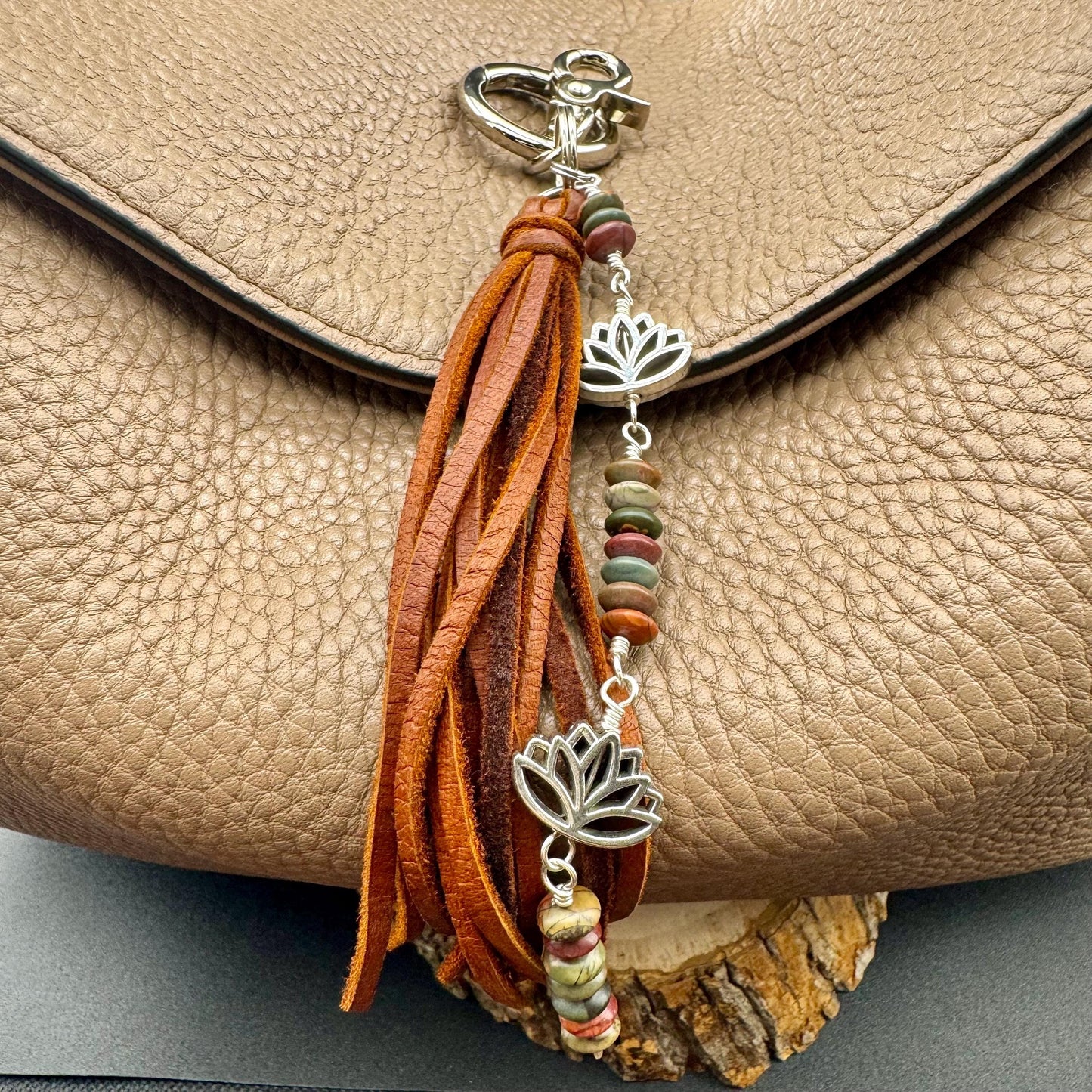 Picasso Red Creek Jasper Leather Purse Charm - Leather Lotus Flower Beaded Handbag Tassel