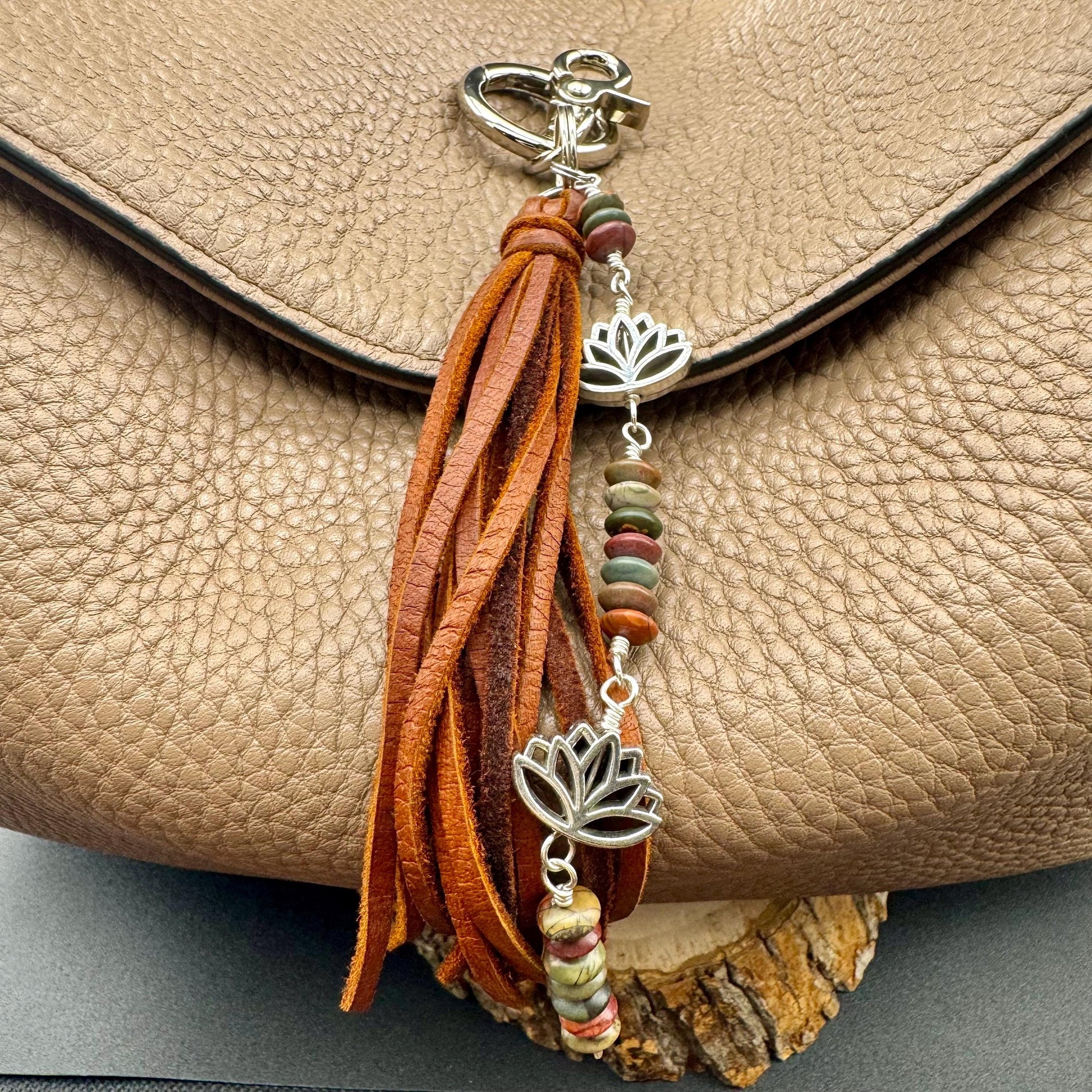 Picasso Red Creek Jasper Leather Purse Charm - Leather Lotus Flower Beaded Handbag Tassel