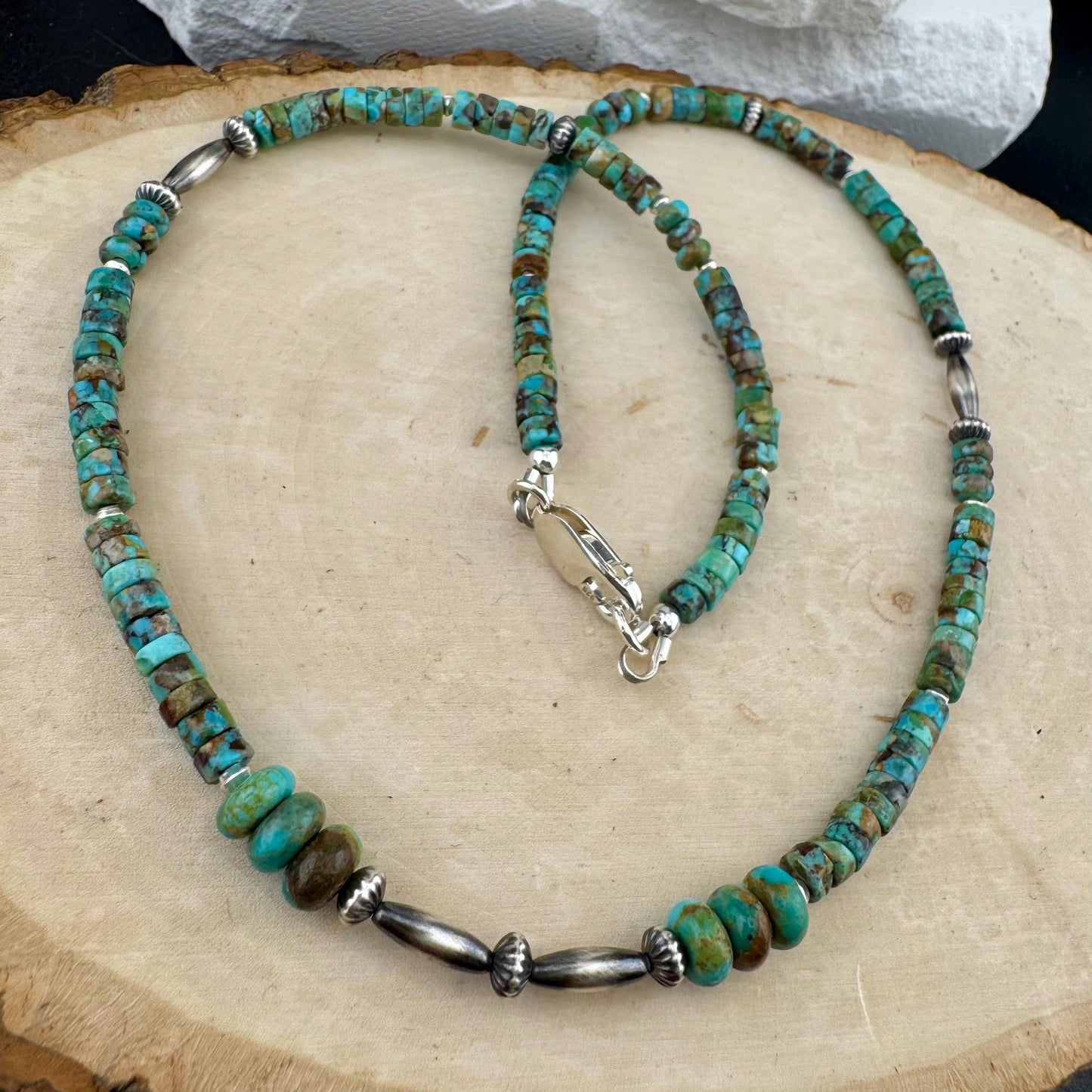 Kingman Turquoise Navajo Pearl Necklace, Sterling Silver Southwestern Gemstone Jewelry