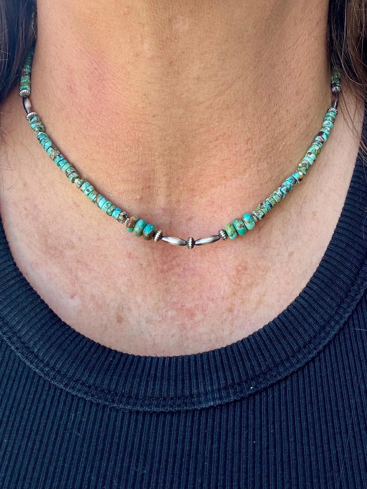 Kingman Turquoise Navajo Pearl Necklace, Sterling Silver Southwestern Gemstone Jewelry