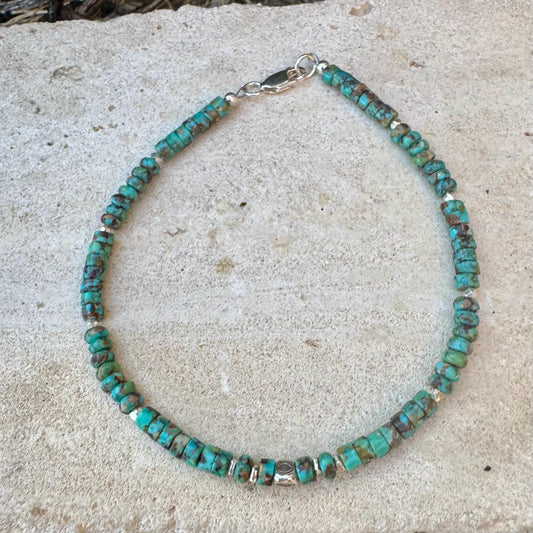 Turquoise Sterling Silver Anklet, Evil Eye Beaded Bracelet, Sterling Jewelry, Gemstone Ankle Bracelet, Turquoise Jewelry