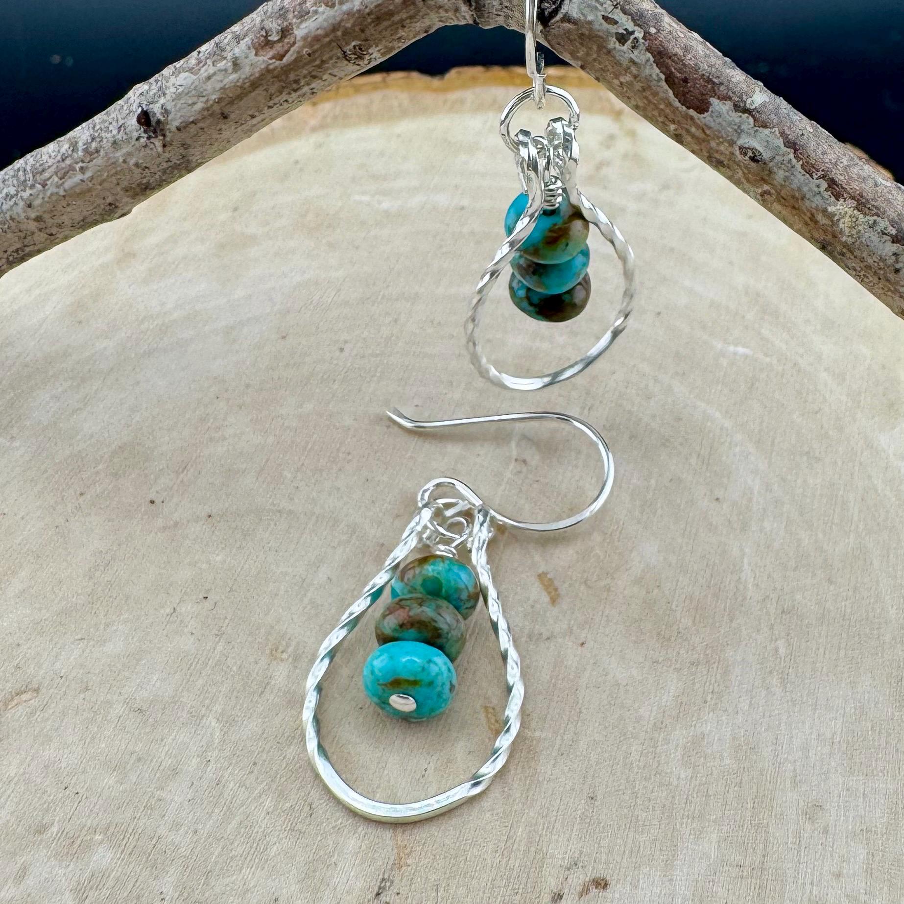 Sterling Silver Kingman Turquoise Teardrop Earrings - Twisted Wire Women's Jewelry