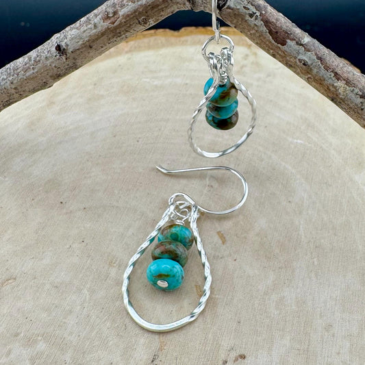 Sterling Silver Kingman Turquoise Teardrop Earrings - Twisted Wire Women's Jewelry