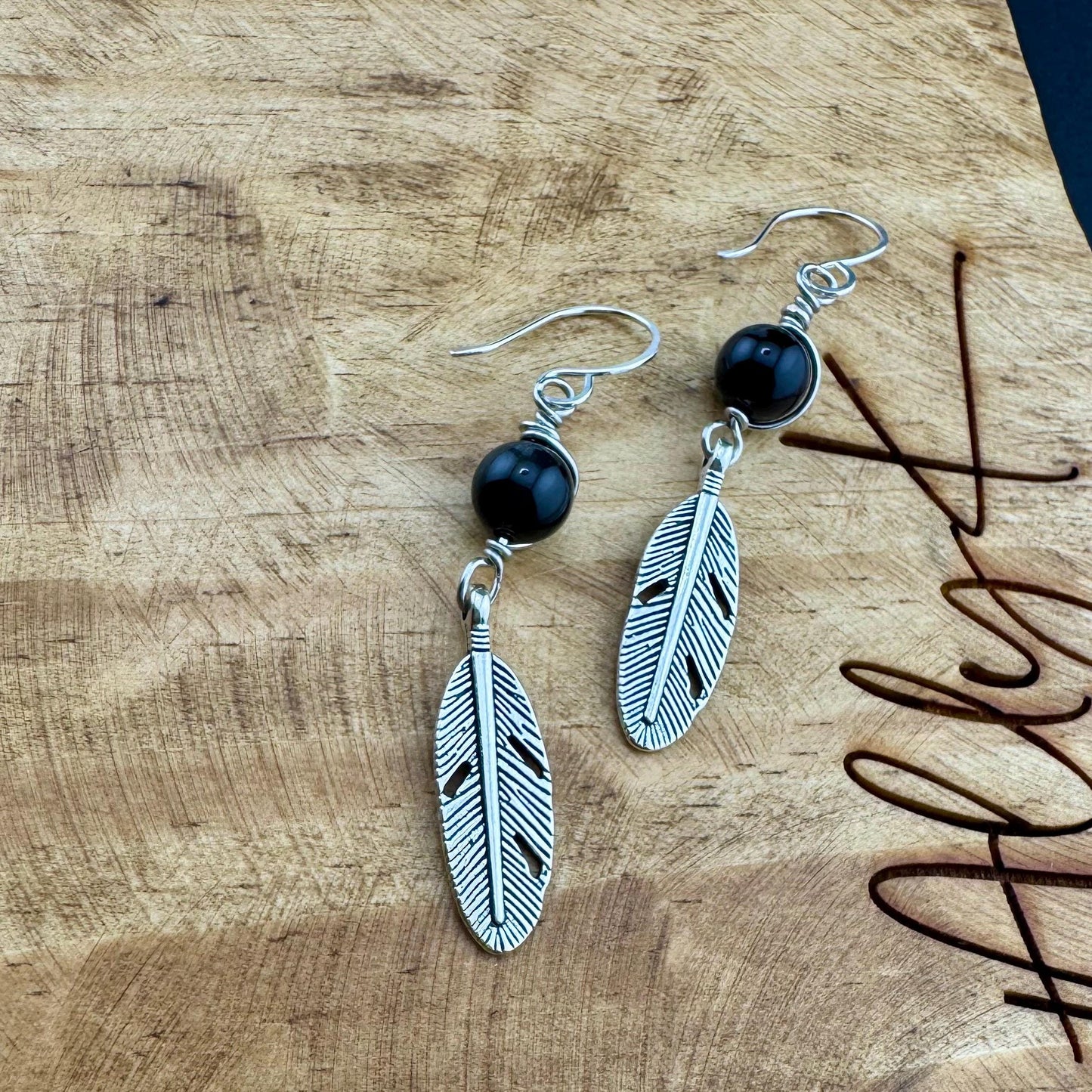 Obsidian Feather Dangle Earrings, Sterling Silver Handmade Jewelry