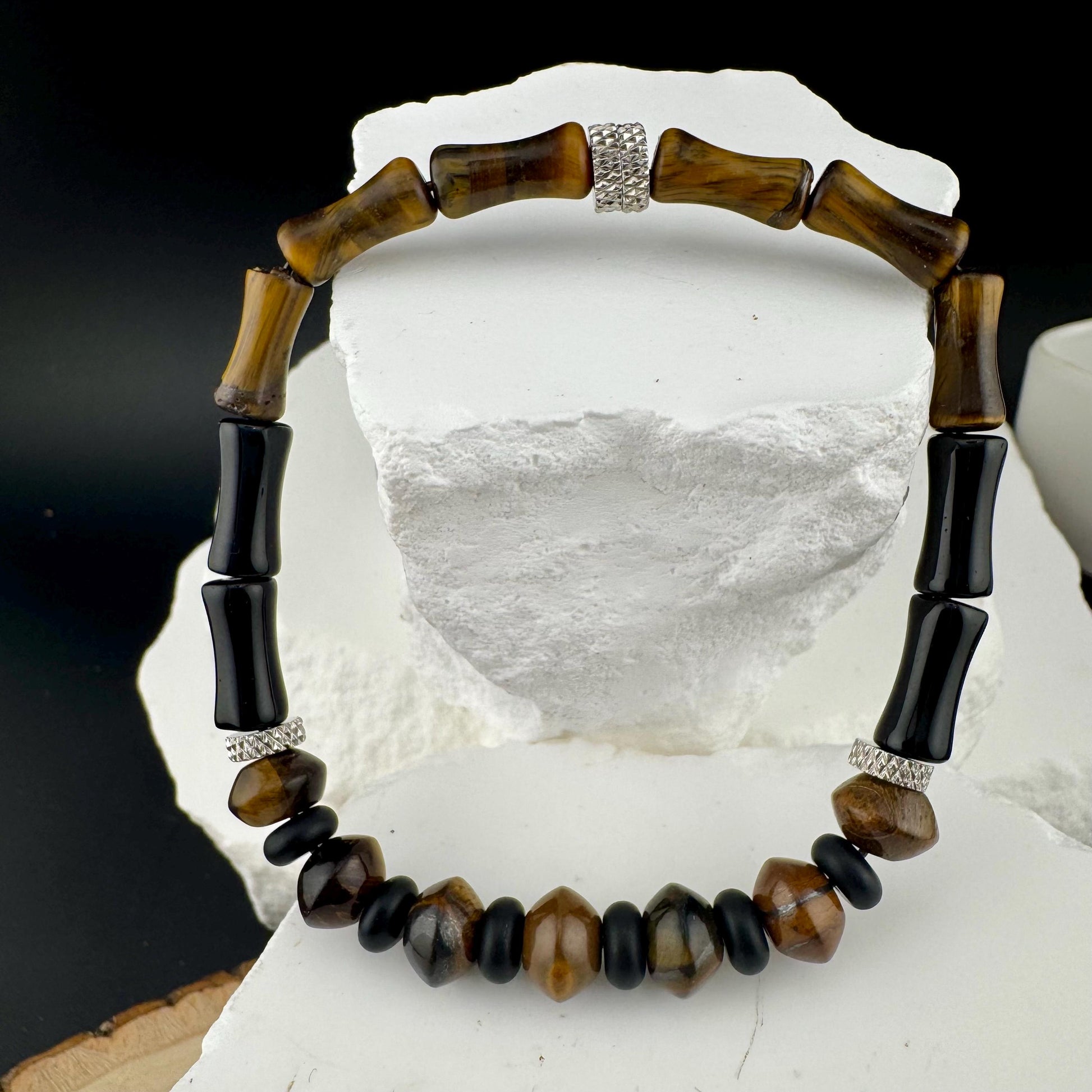 Tiger's Eye and Onyx Stretch Bracelet - Natural Gemstone Jewelry