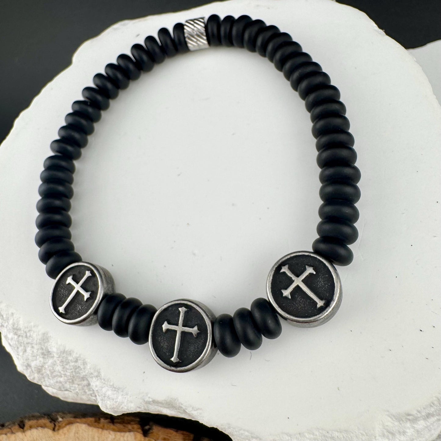 Onyx Stretch Bracelet with Stainless Steel Crosses, Stretch Gemstone Jewelry