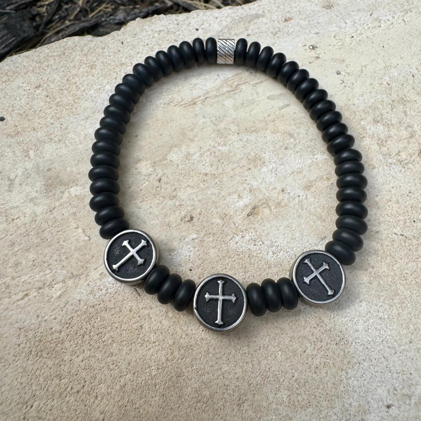 Onyx Stretch Bracelet with Stainless Steel Crosses, Stretch Gemstone Jewelry