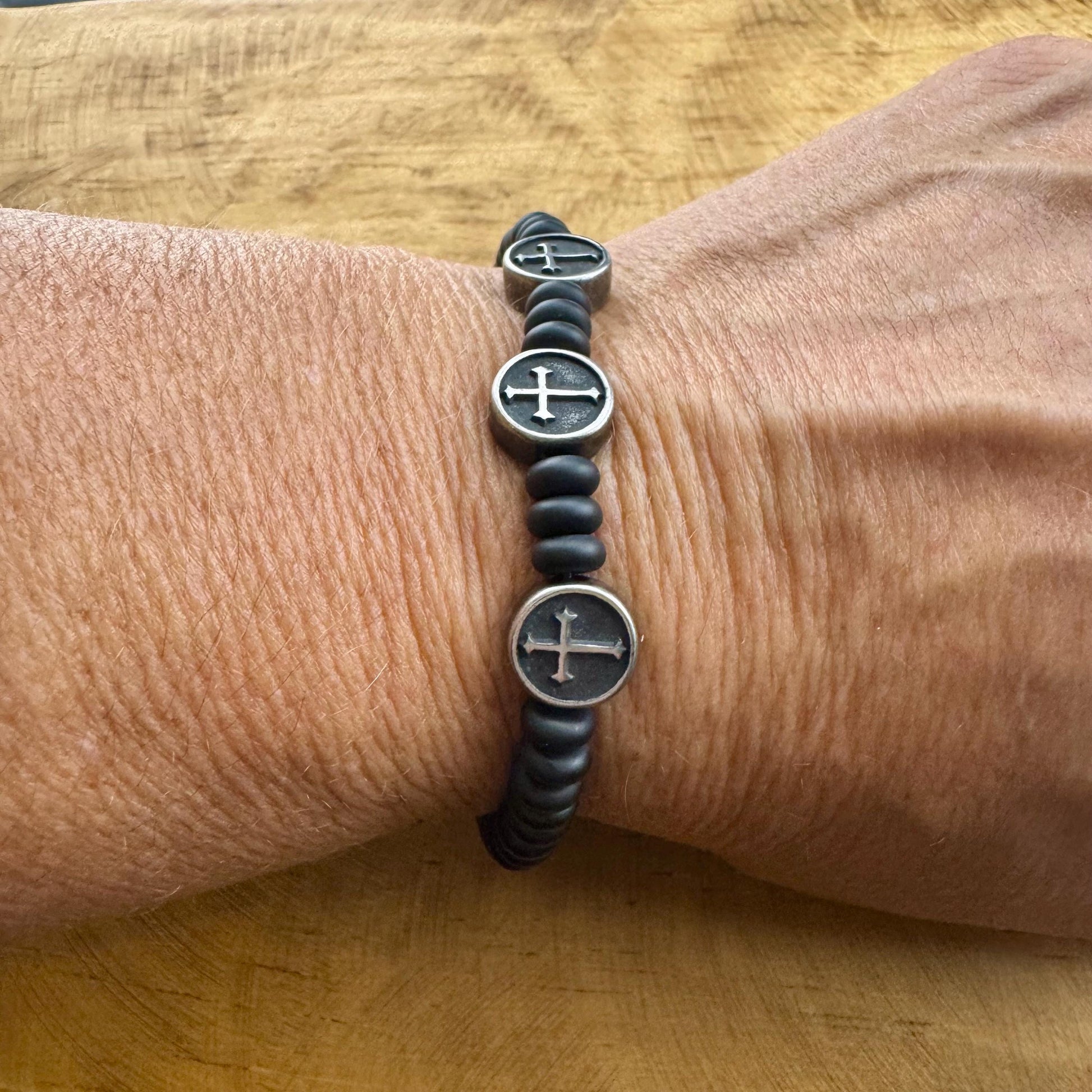 Onyx Stretch Bracelet with Stainless Steel Crosses, Stretch Gemstone Jewelry