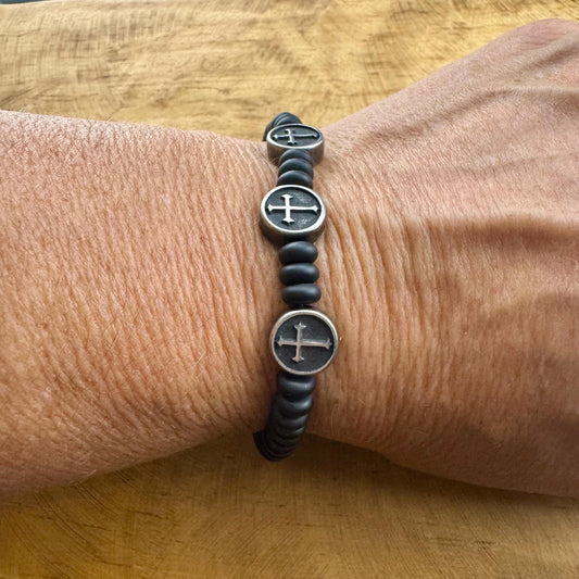 Onyx Stretch Bracelet with Stainless Steel Crosses, Stretch Gemstone Jewelry