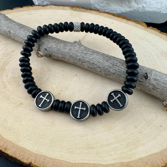 Onyx Stretch Bracelet with Stainless Steel Crosses, Stretch Gemstone Jewelry
