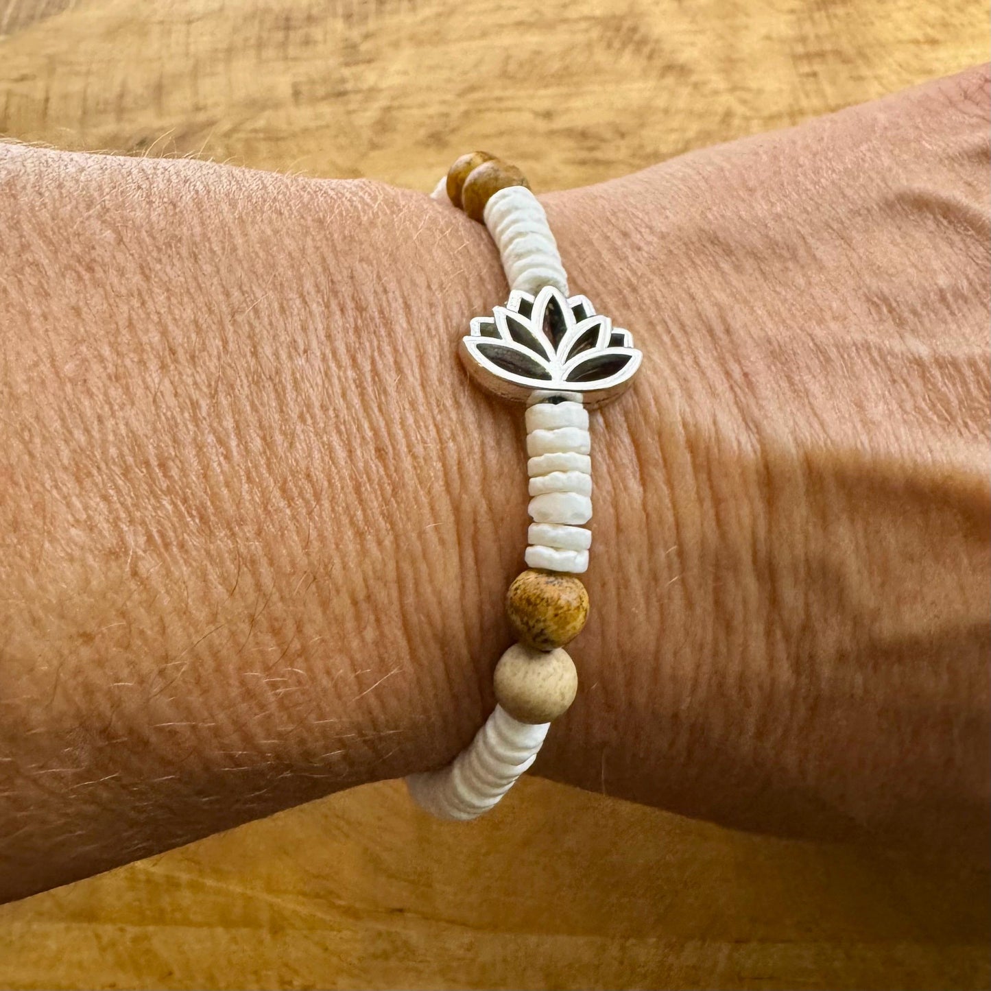 Jasper and White Seashell Lotus Charm Stretch Bracelet
