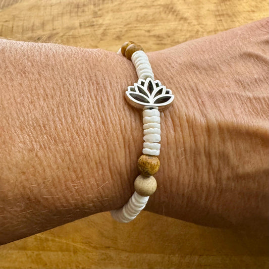 Jasper and White Seashell Lotus Charm Stretch Bracelet