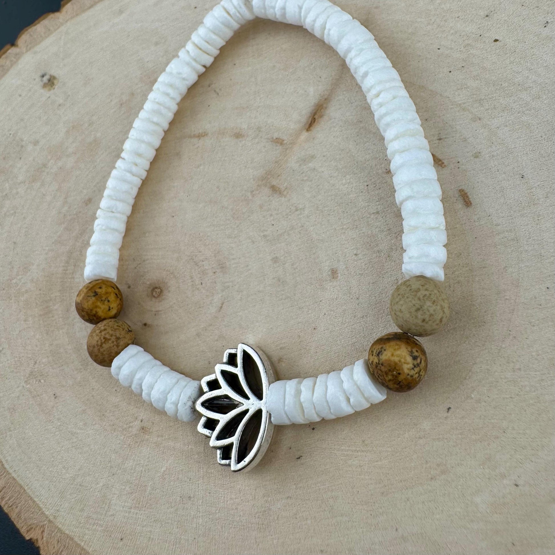Jasper and White Seashell Lotus Charm Stretch Bracelet