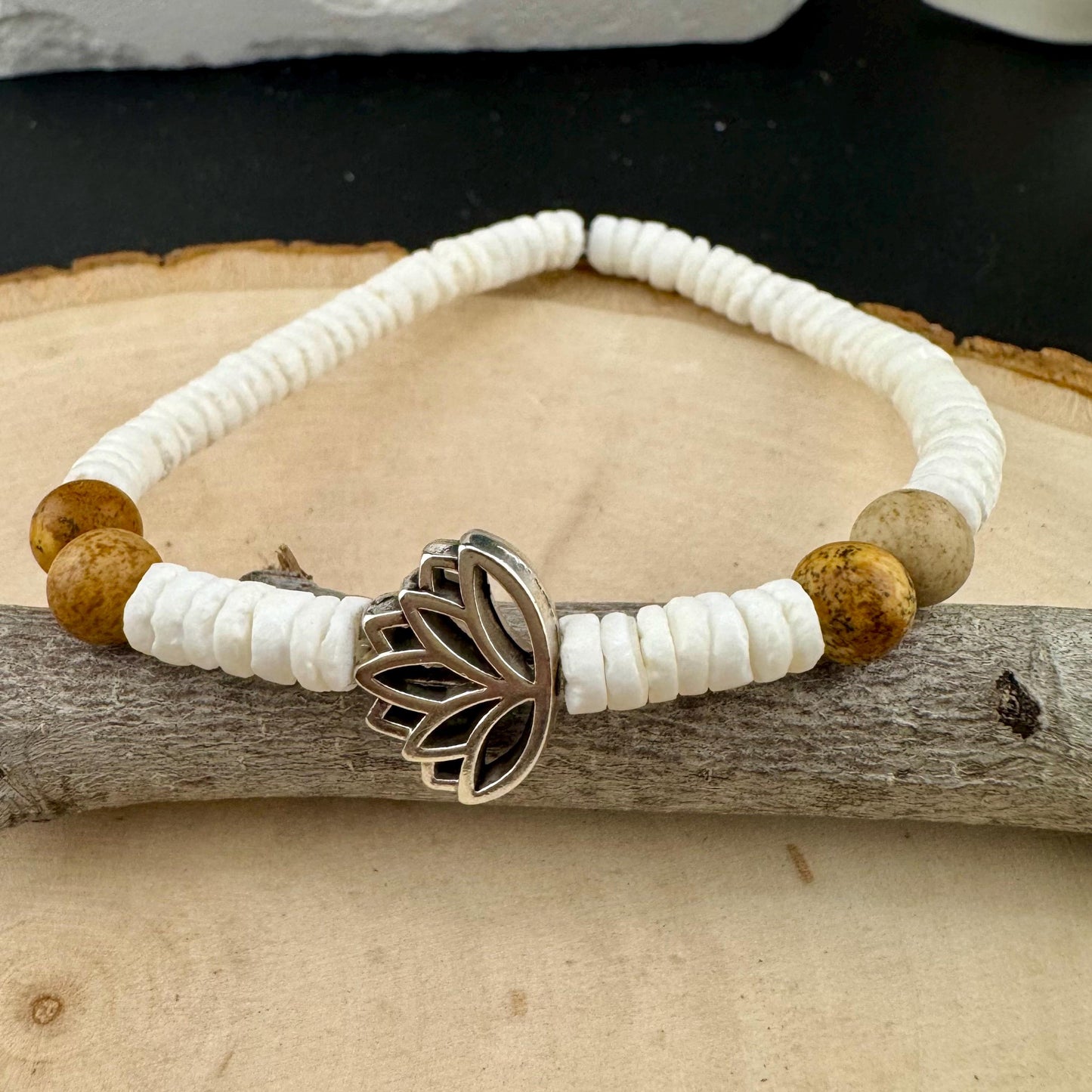 Jasper and White Seashell Lotus Charm Stretch Bracelet