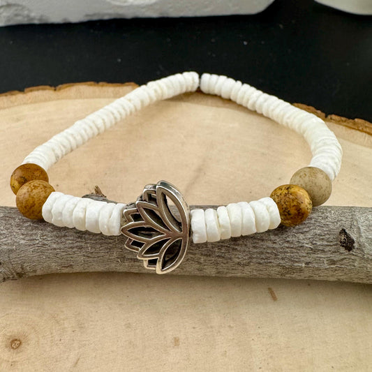 Jasper and White Seashell Lotus Charm Stretch Bracelet