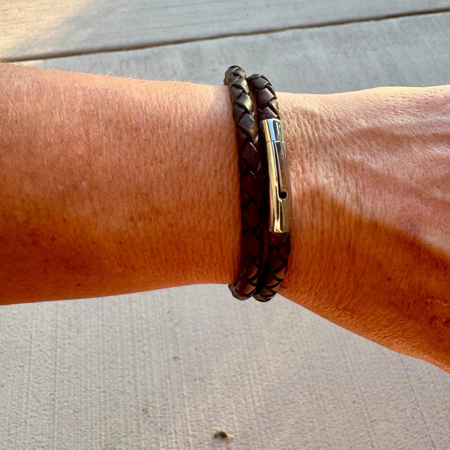 Double Wrap Leather Bracelet • 5mm Braided Leather • Bayonet Clasp