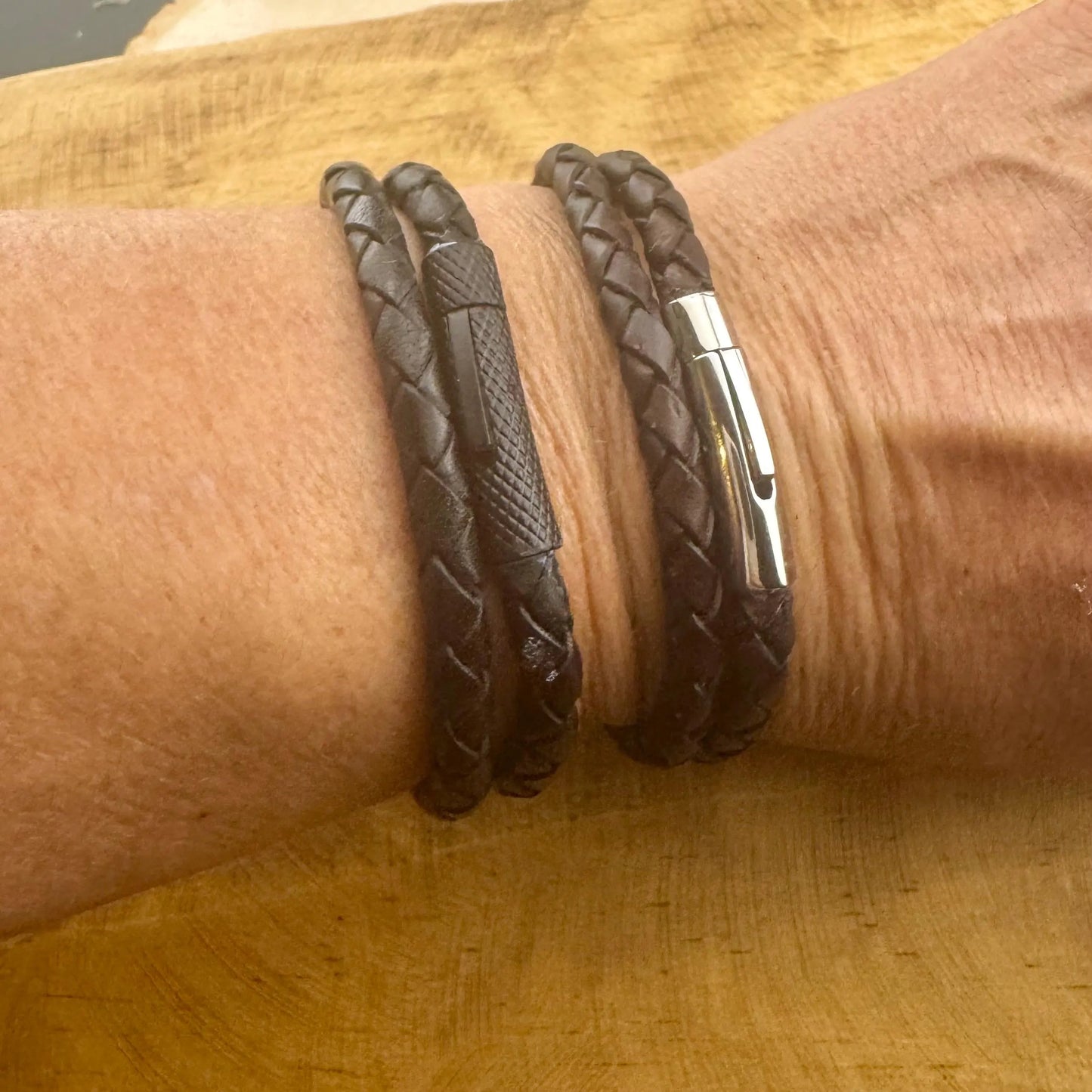 Double Wrap Leather Bracelet • 5mm Braided Leather • Bayonet Clasp