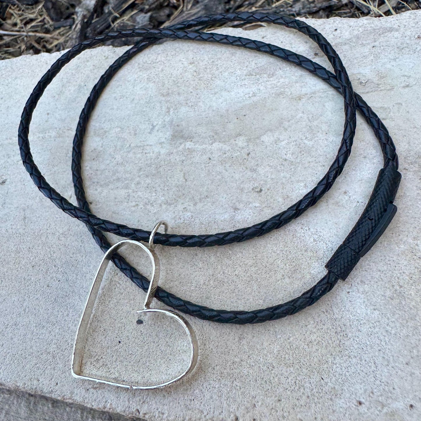 Handmade Sterling Silver Heart Pendant on Genuine Braided Leather Necklace