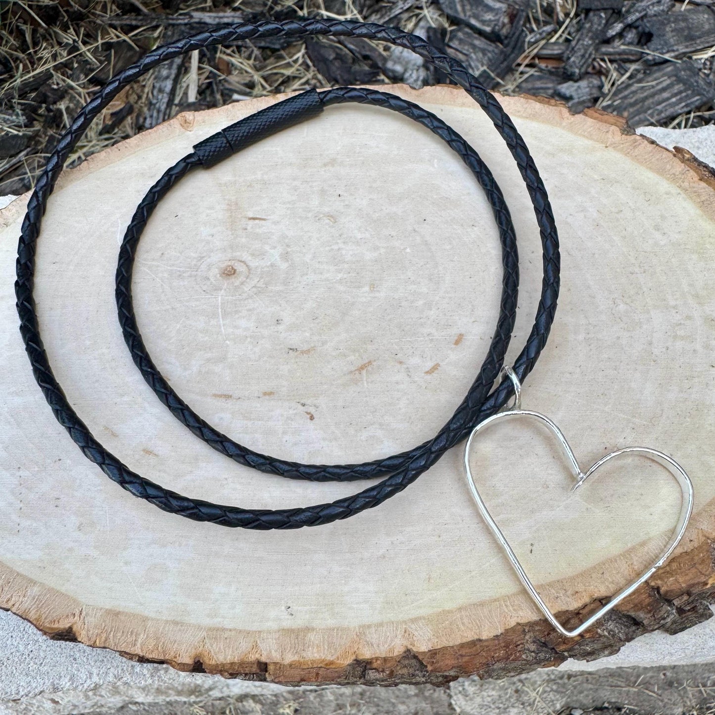 Handmade Sterling Silver Heart Pendant on Genuine Braided Leather Necklace