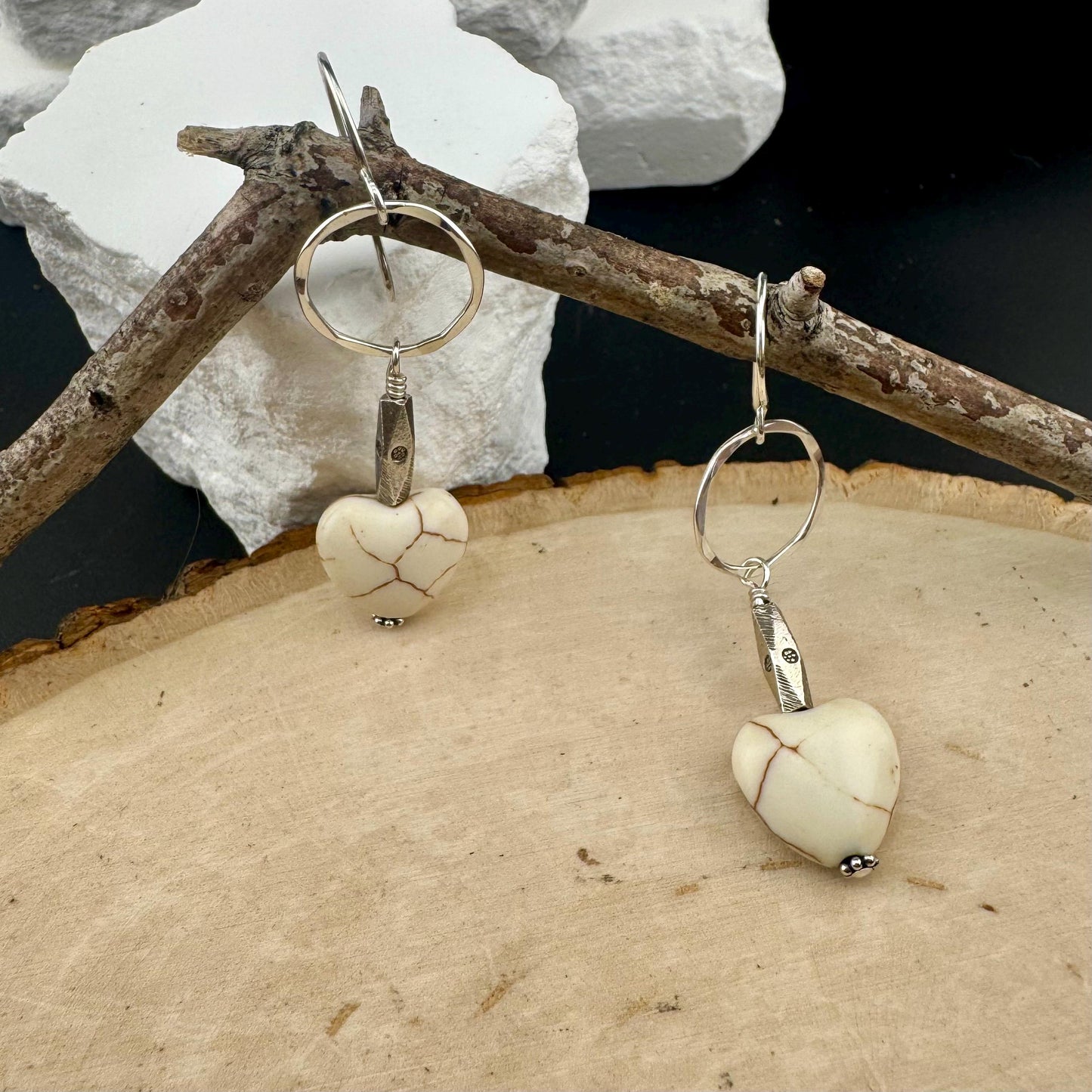 Turquoise Howlite Heart Gemstone Earrings on Sterling Silver Circle, Sterling Silver Gemstone Earrings