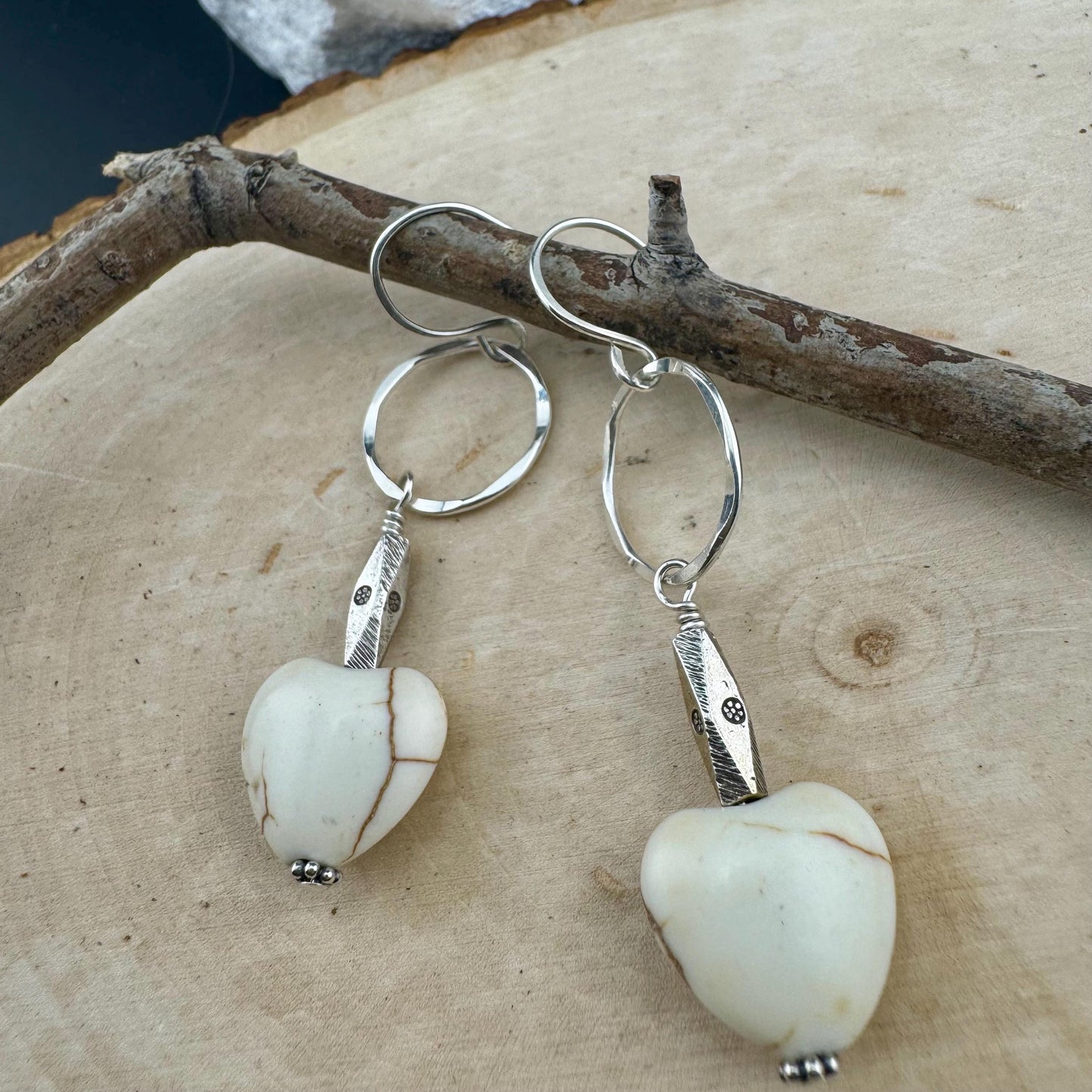 Turquoise Howlite Heart Gemstone Earrings on Sterling Silver Circle, Sterling Silver Gemstone Earrings