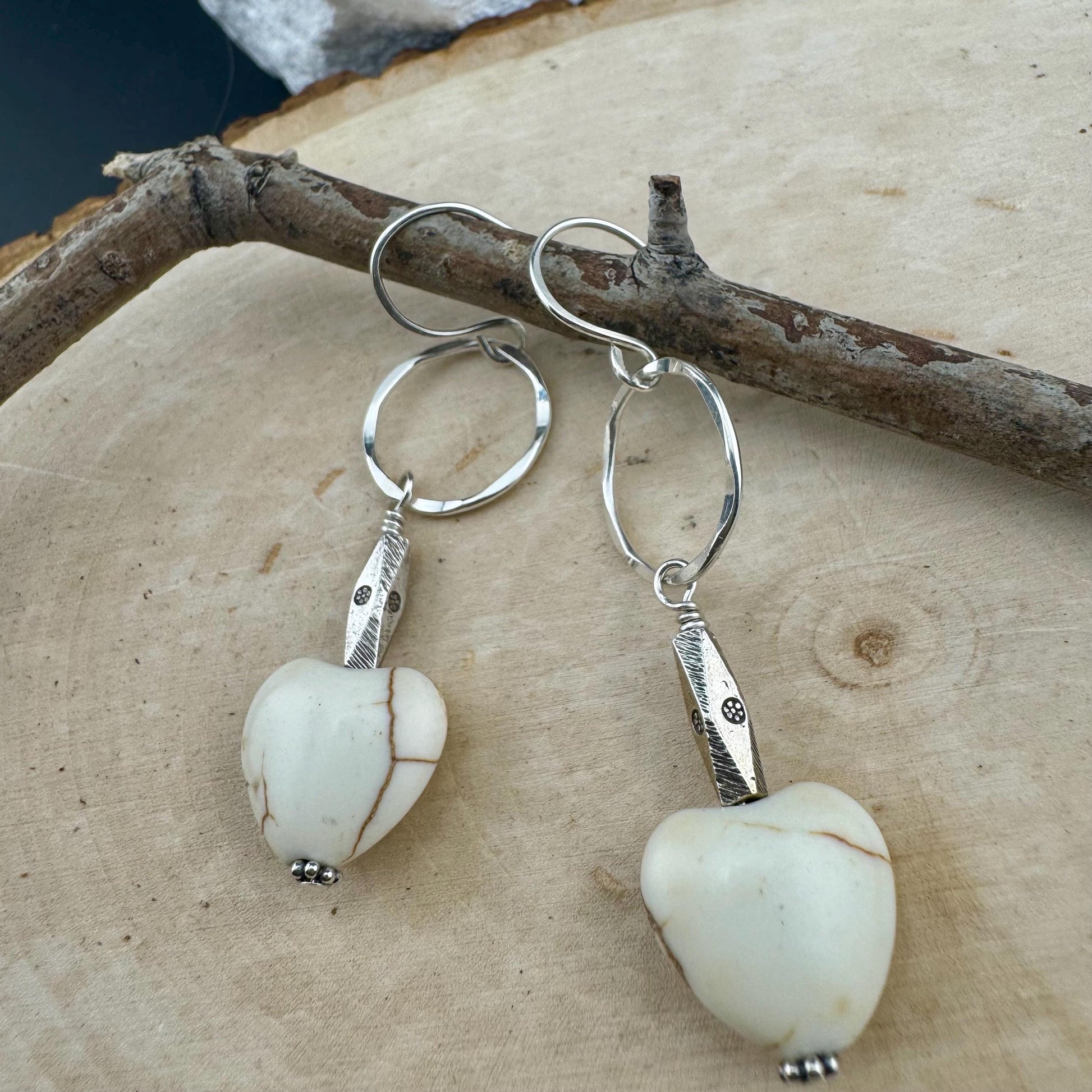 Turquoise Howlite Heart Gemstone Earrings on Sterling Silver Circle, Sterling Silver Gemstone Earrings
