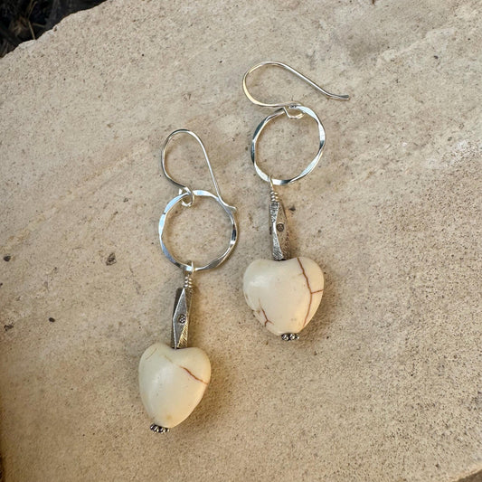 Turquoise Howlite Heart Gemstone Earrings on Sterling Silver Circle, Sterling Silver Gemstone Earrings