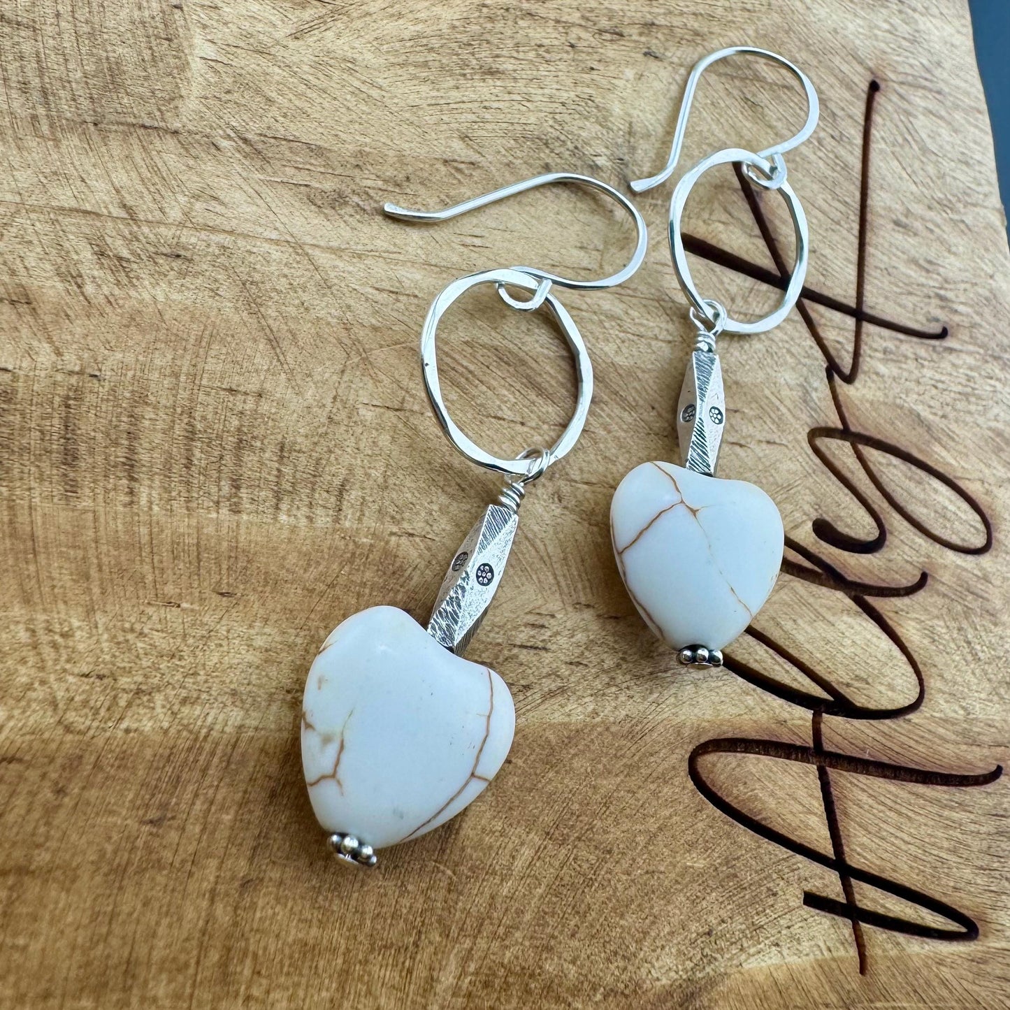 Turquoise Howlite Heart Gemstone Earrings on Sterling Silver Circle, Sterling Silver Gemstone Earrings
