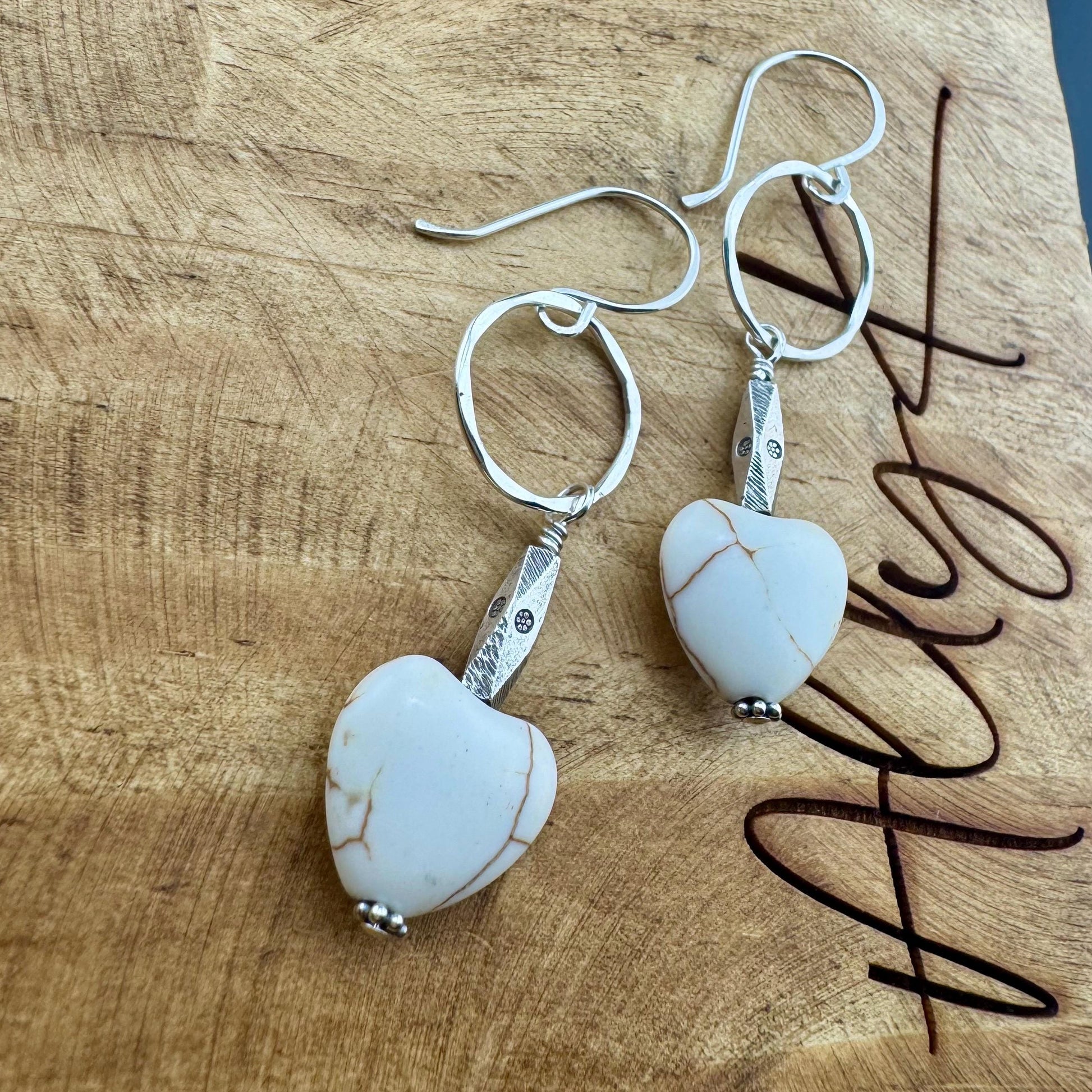 Turquoise Howlite Heart Gemstone Earrings on Sterling Silver Circle, Sterling Silver Gemstone Earrings