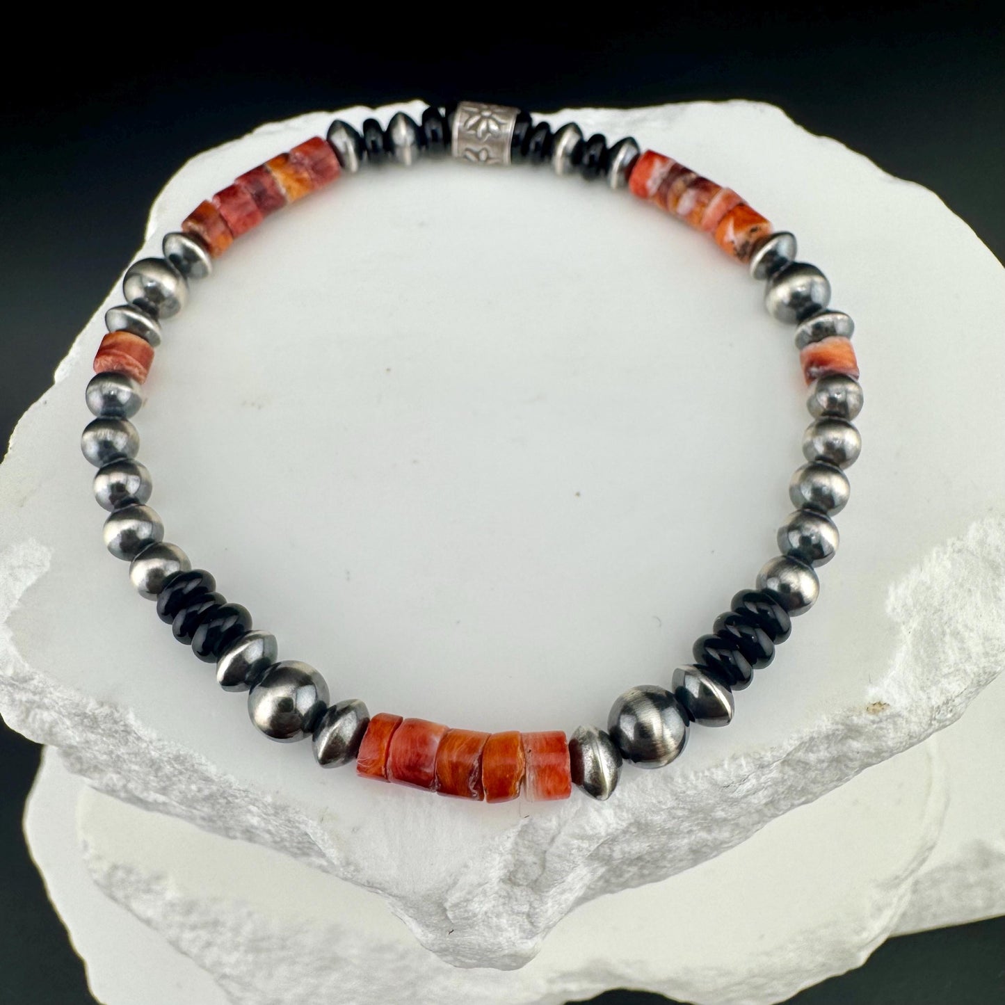 Stretch Navajo Pearl Bracelet with Onyx and Spiny Oyster Gemstones, Sterling Silver Beaded Gemstone Bracelet