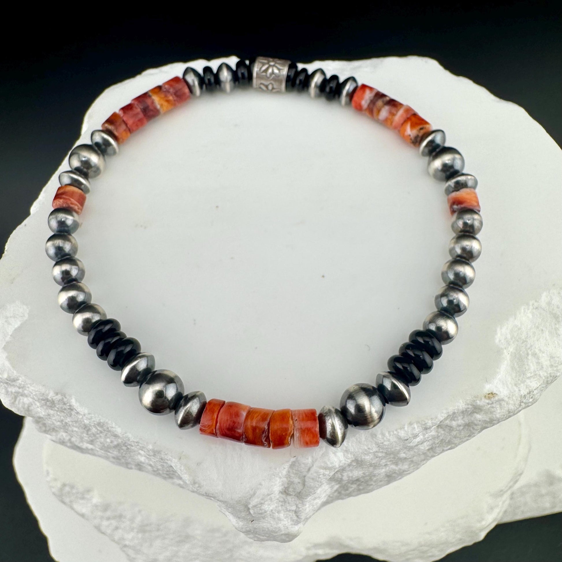 Stretch Navajo Pearl Bracelet with Onyx and Spiny Oyster Gemstones, Sterling Silver Beaded Gemstone Bracelet