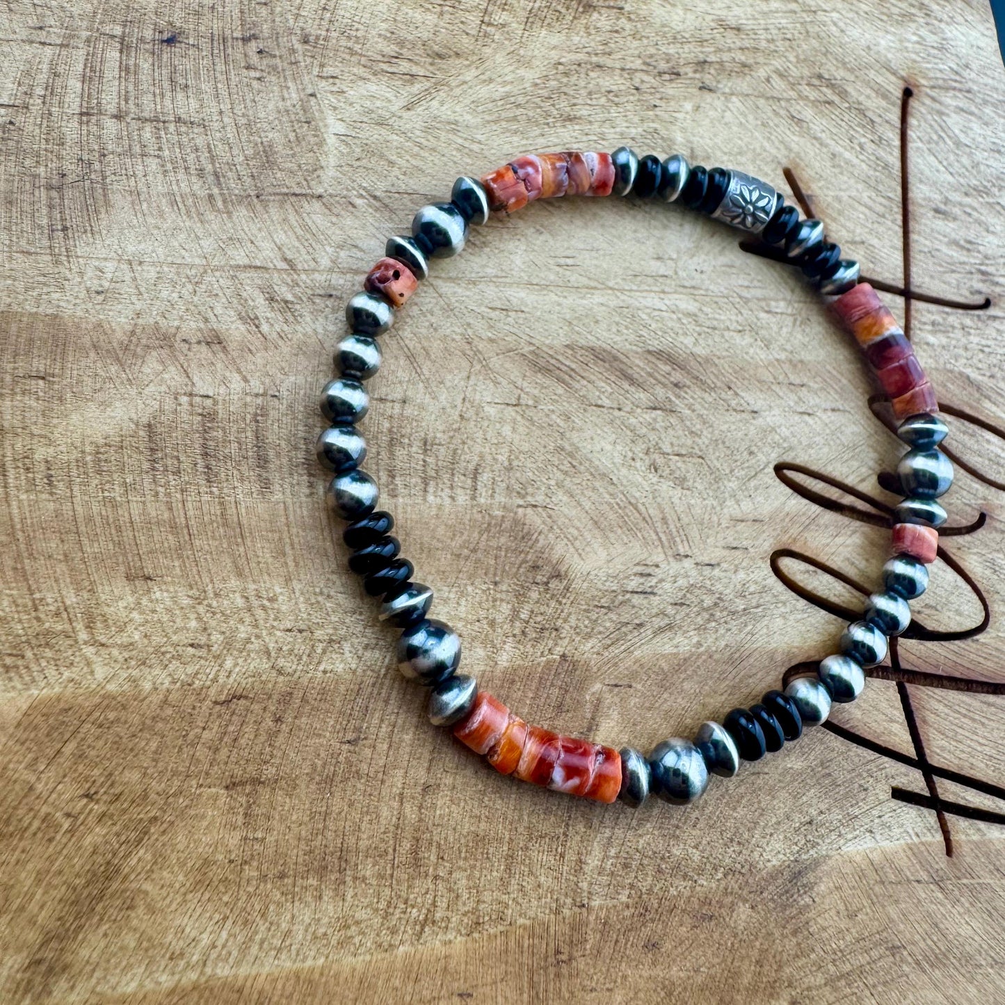 Stretch Navajo Pearl Bracelet with Onyx and Spiny Oyster Gemstones, Sterling Silver Beaded Gemstone Bracelet