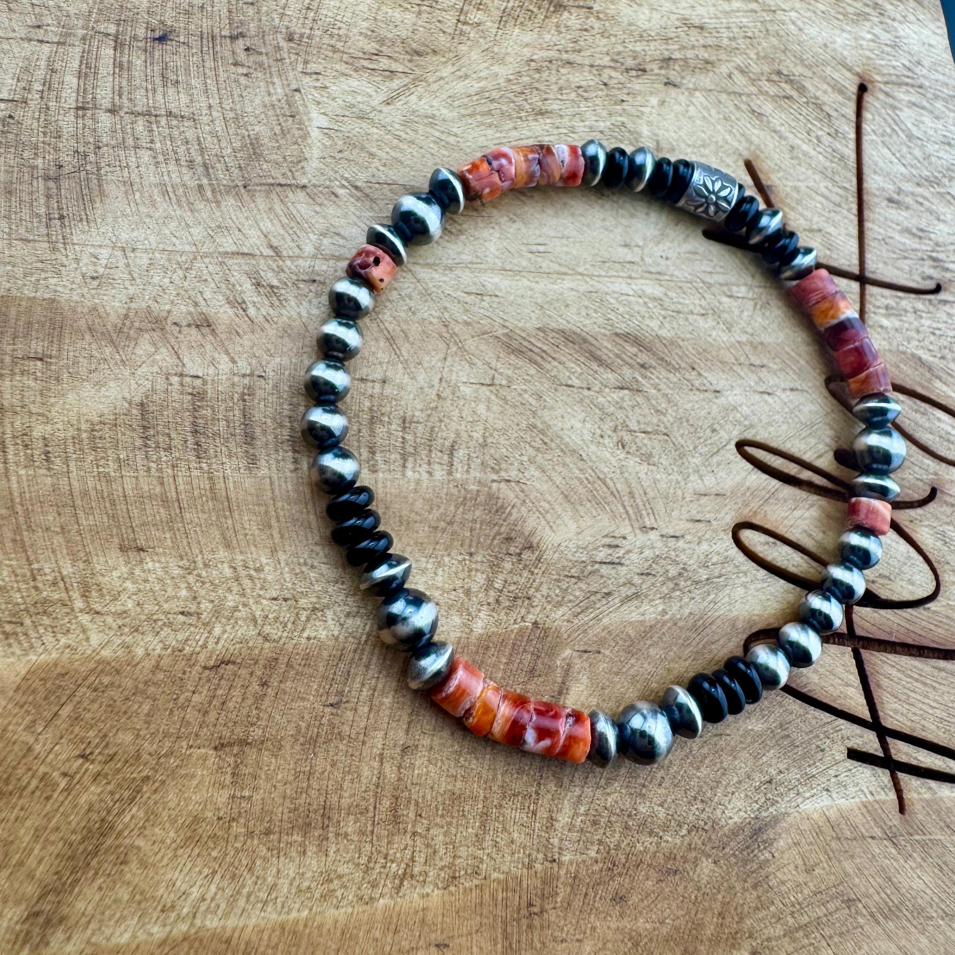 Stretch Navajo Pearl Bracelet with Onyx and Spiny Oyster Gemstones, Sterling Silver Beaded Gemstone Bracelet