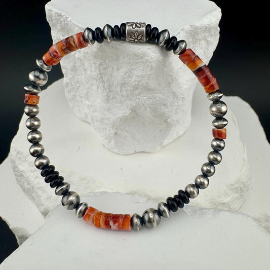 Stretch Navajo Pearl Bracelet with Onyx and Spiny Oyster Gemstones, Sterling Silver Beaded Gemstone Bracelet