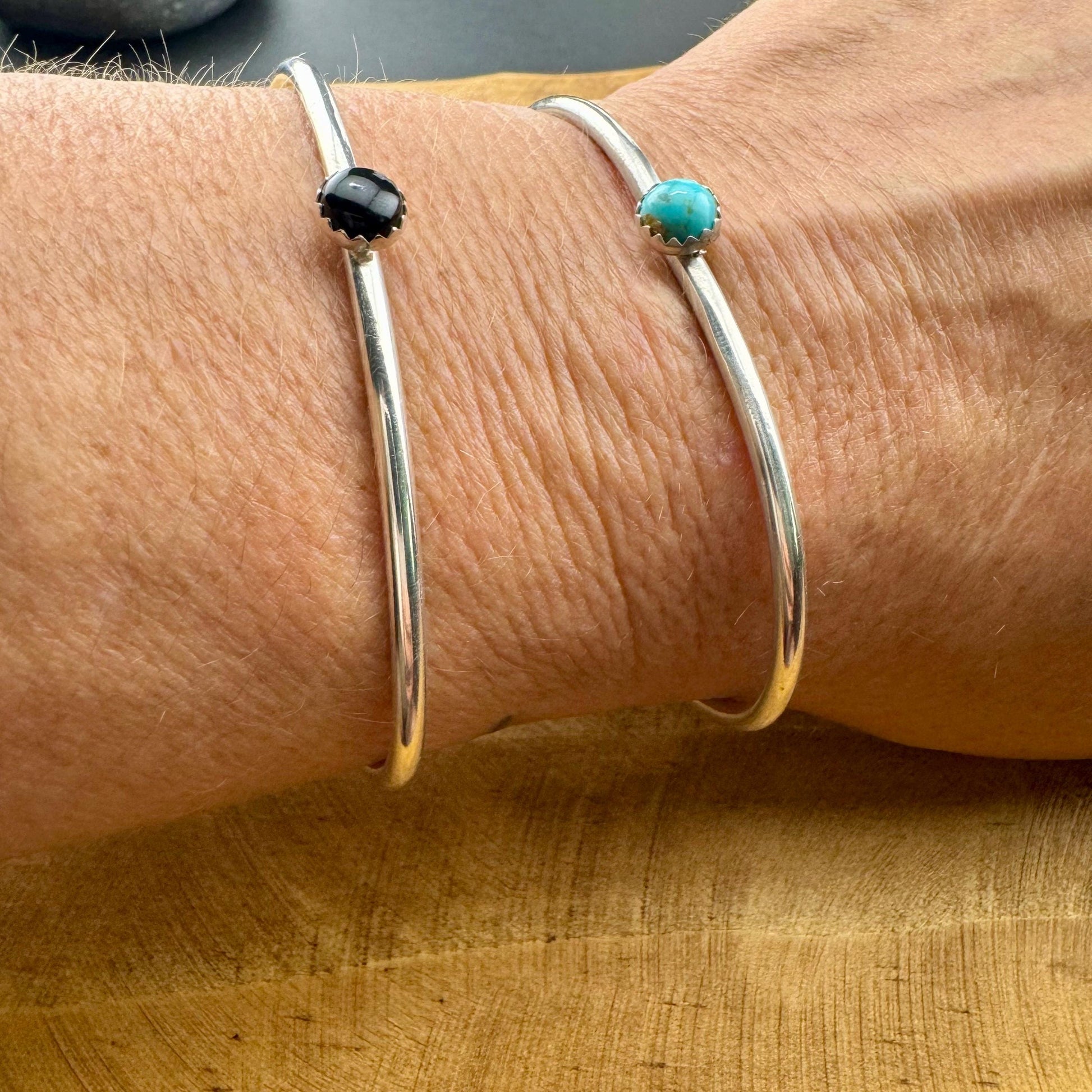 Sterling Silver Dainty Turquoise Bracelet - Handmade Adjustable Cuff Jewelry
