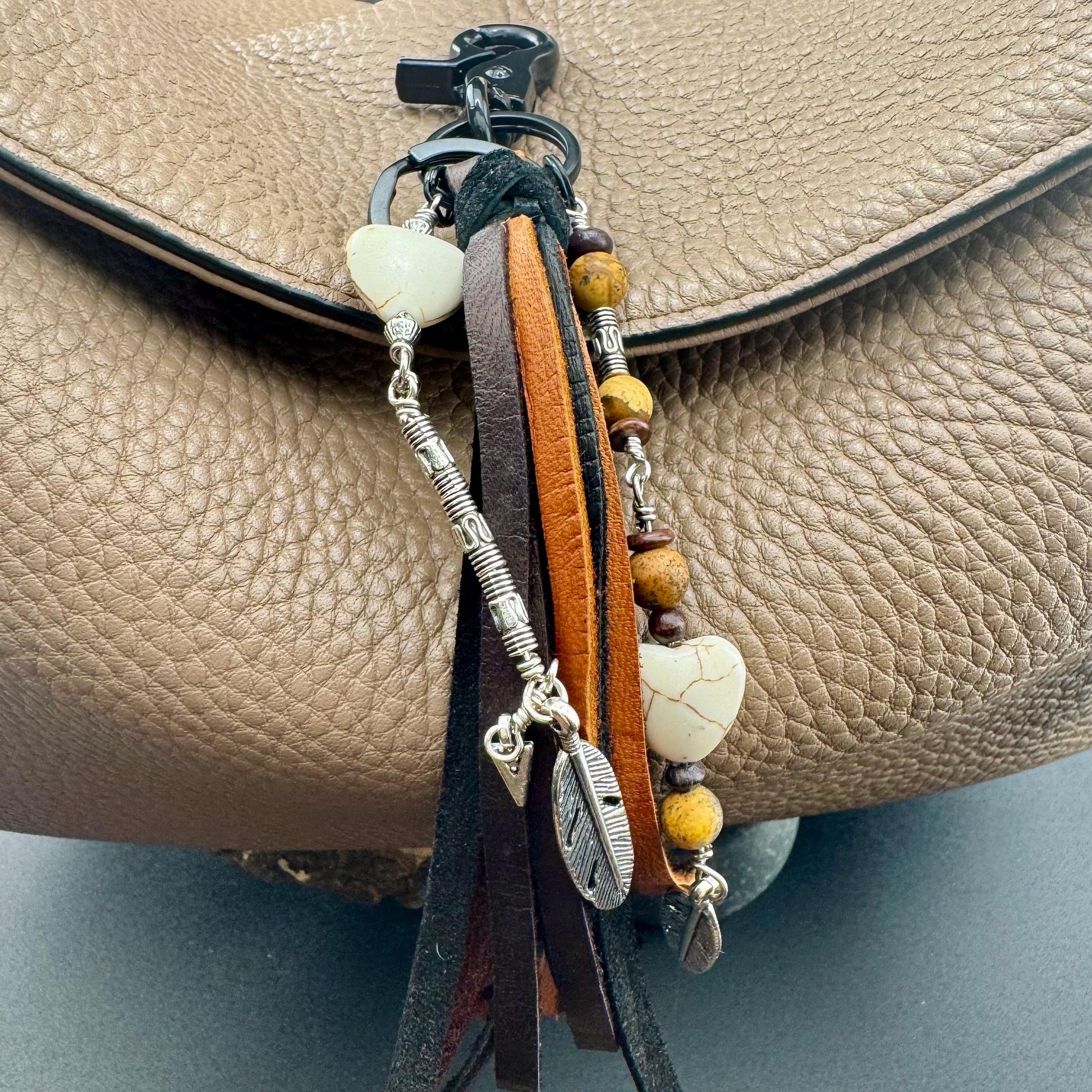 White Turquoise Heart Leather Tassel Charm for Southwest Purse Accessory
