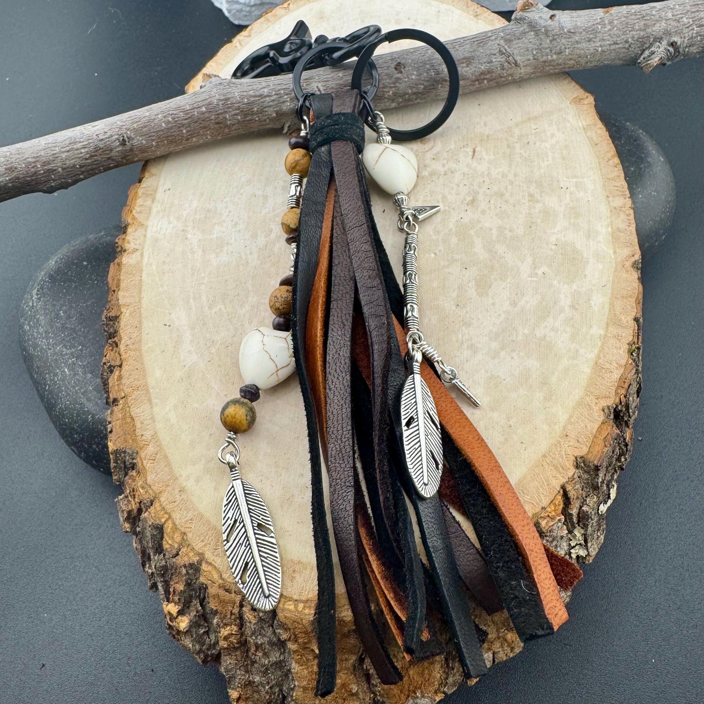 White Turquoise Heart Leather Tassel Charm for Southwest Purse Accessory