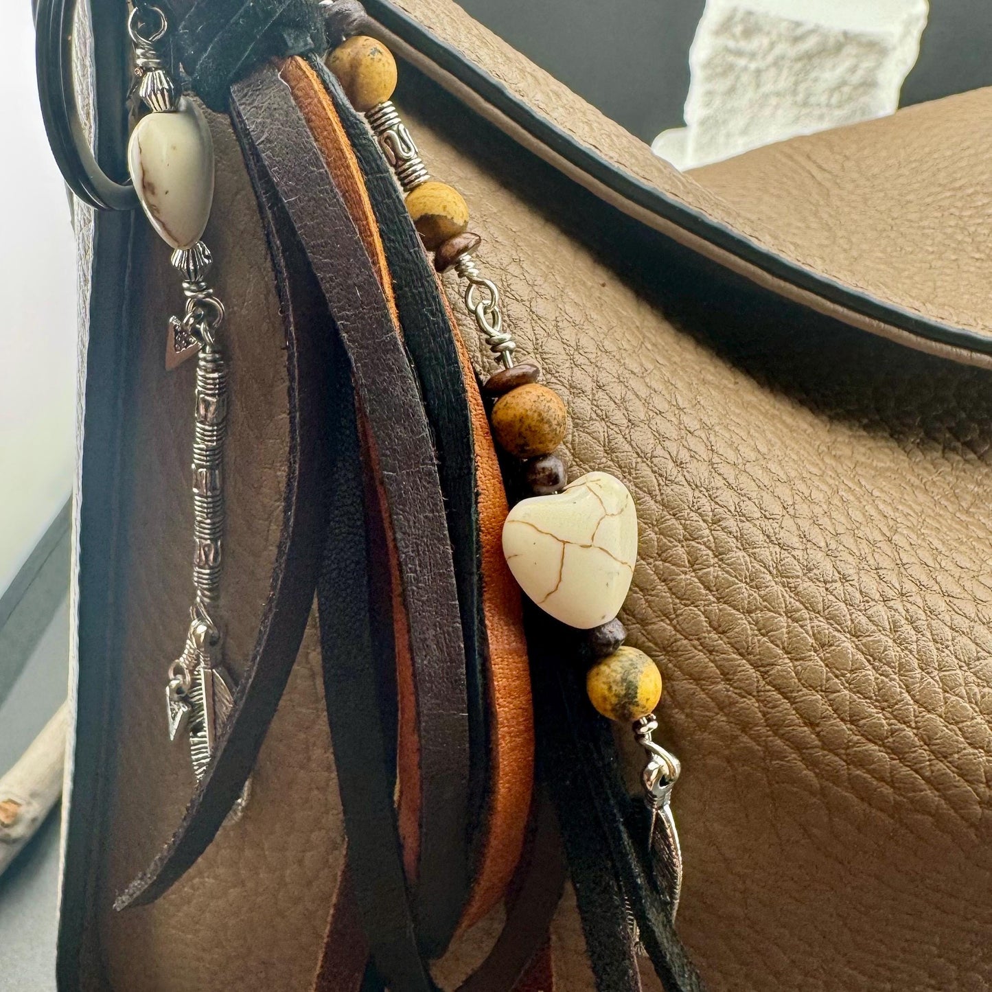 White Turquoise Heart Leather Tassel Charm for Southwest Purse Accessory