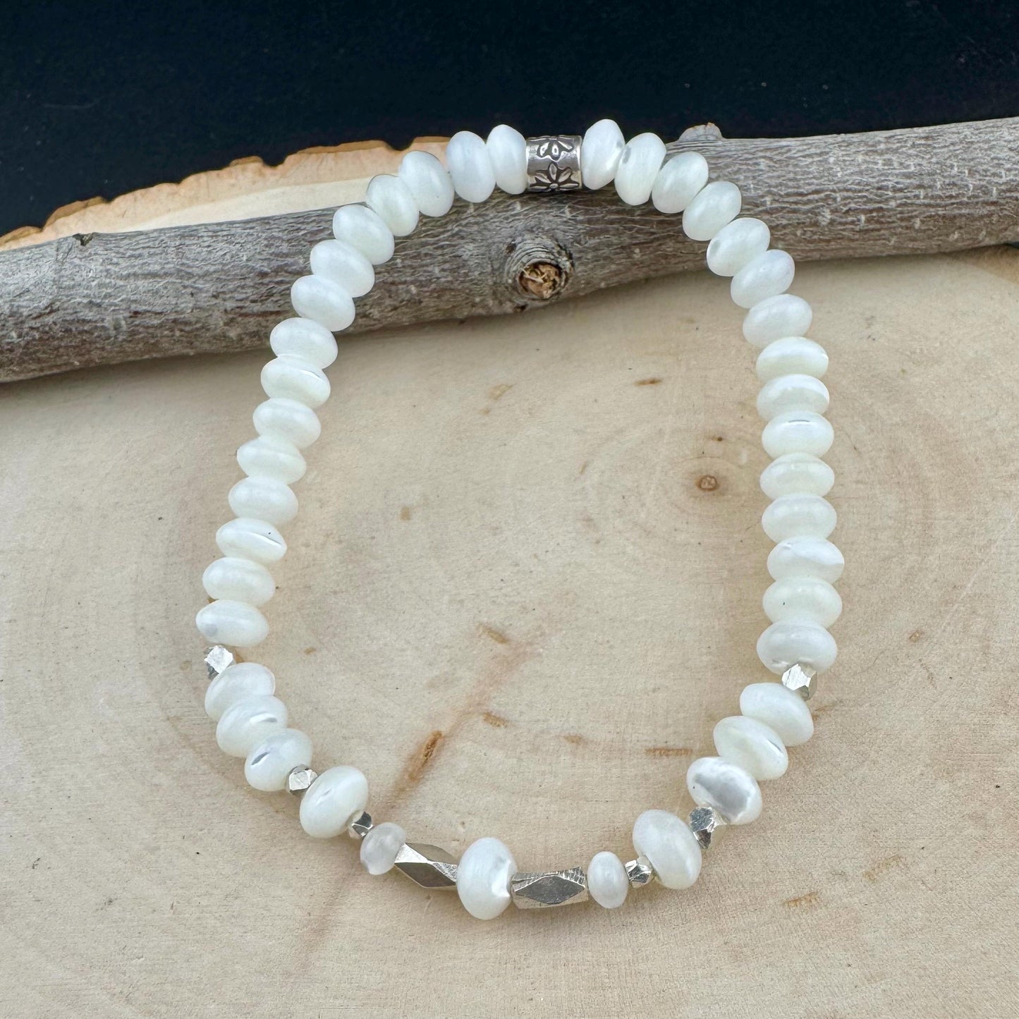 Stretch Mother of Pearl Bracelet - Sterling Silver Gemstone Jewelry