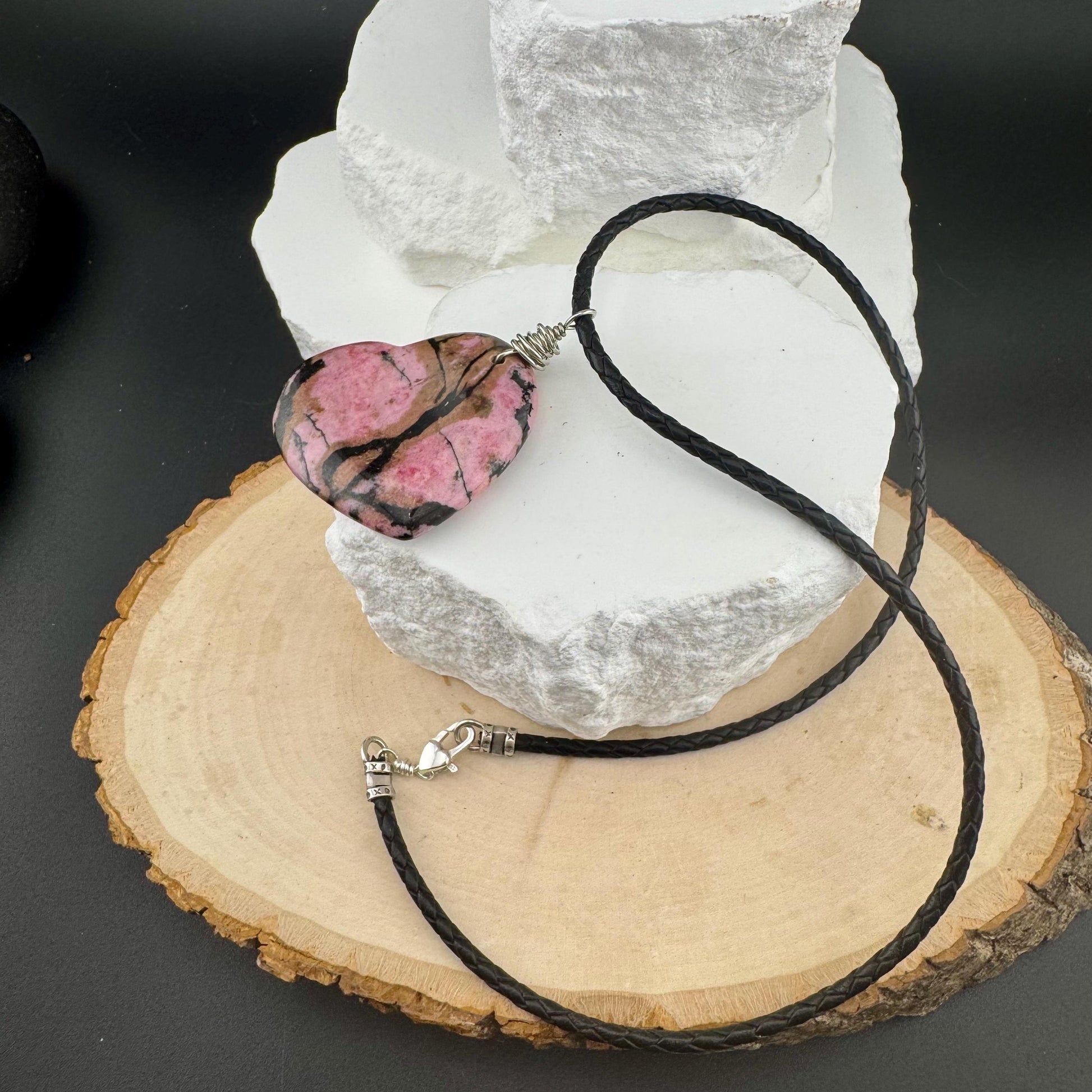 Pink Rhodonite Heart Pendant Leather Necklace - Handcrafted Natural Stone Jewelry