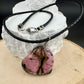 Pink Rhodonite Heart Pendant Leather Necklace - Handcrafted Natural Stone Jewelry